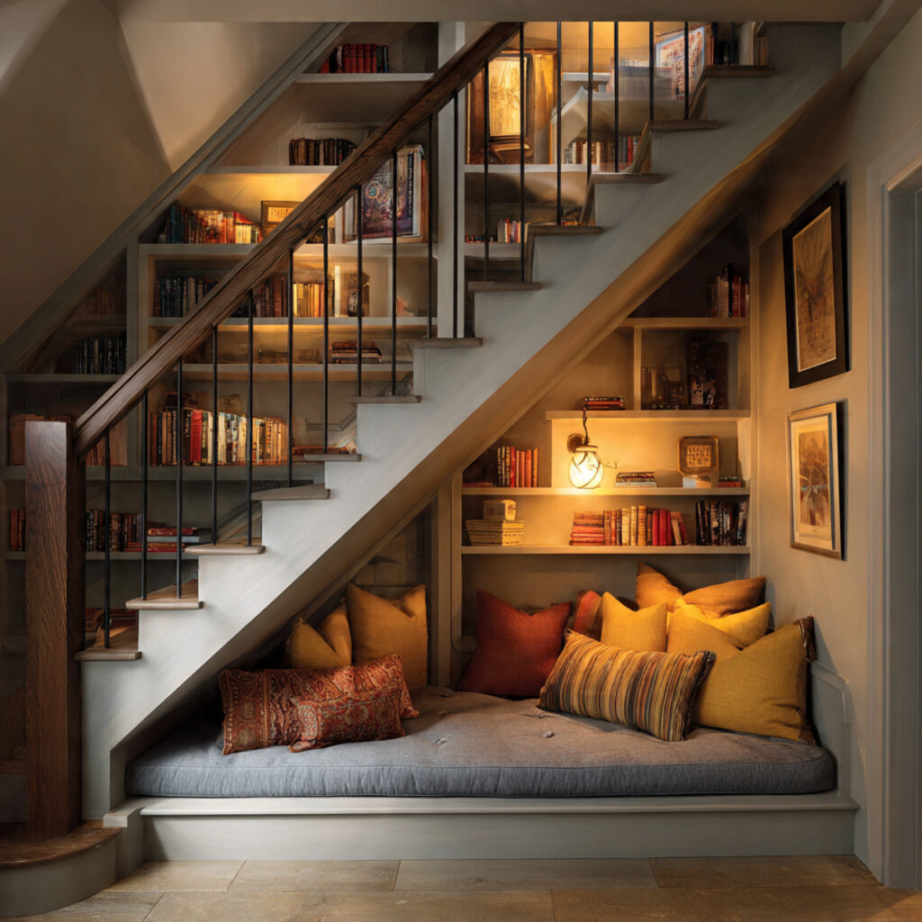 25 Stylish Bedroom Bookshelves Ideas to Transform Your Space Beautifully 17 Book Nook Under the Stairs (for Split-Level Rooms)