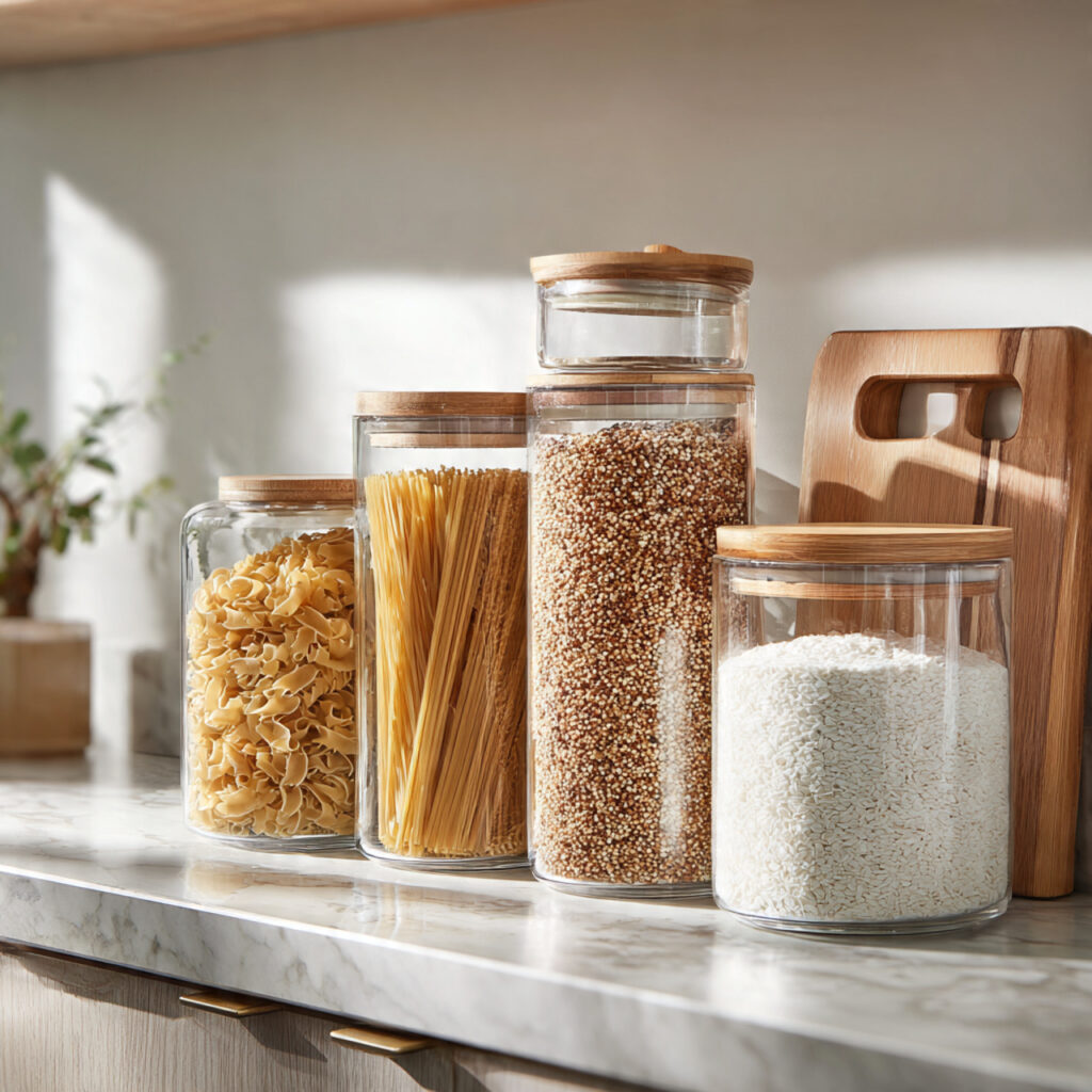 25 Smart Kitchen Counter Organization Ideas to Cut Clutter Fast 13 Use Clear Canisters for Dry Goods