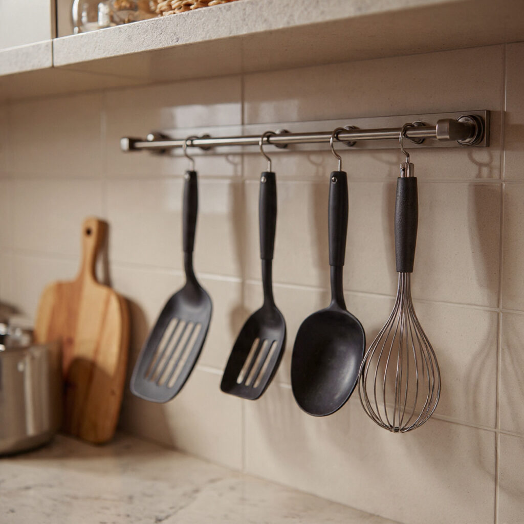 25 Smart Kitchen Counter Organization Ideas to Cut Clutter Fast 10 Use a Wall Rail for Utensils