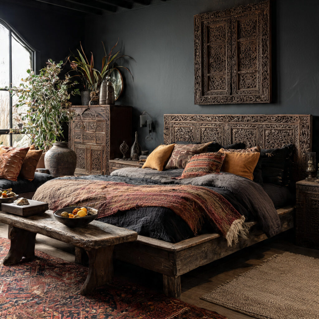25 Dark Boho Bedroom Ideas for a Cozy, Moody & Stylish Retreat 4 Vintage Wood Furniture