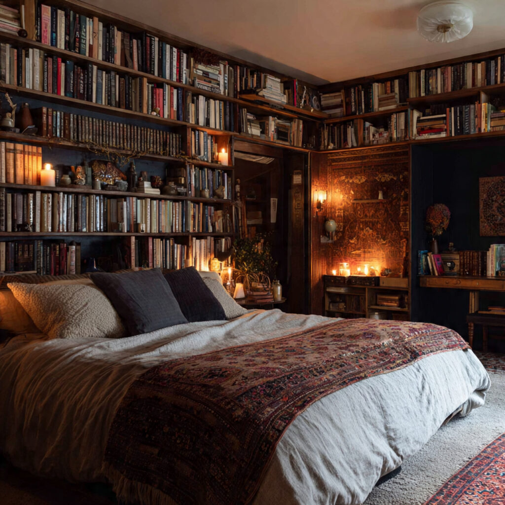 25 Stylish Bedroom Bookshelves Ideas to Transform Your Space Beautifully 18 Wide Wall-to-Wall Shelving