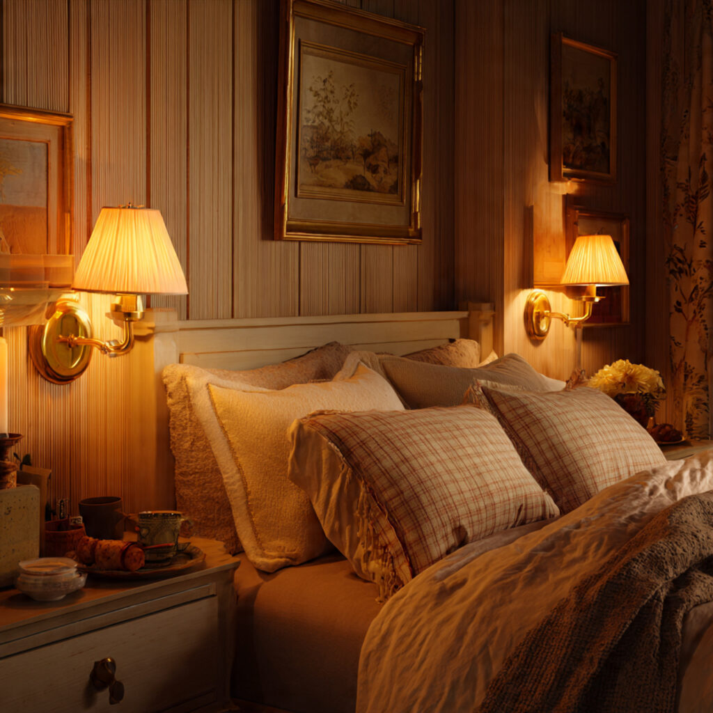 25 Charming English Cottage Bedroom with These Décor Tips 13 Warm Ambient Lighting