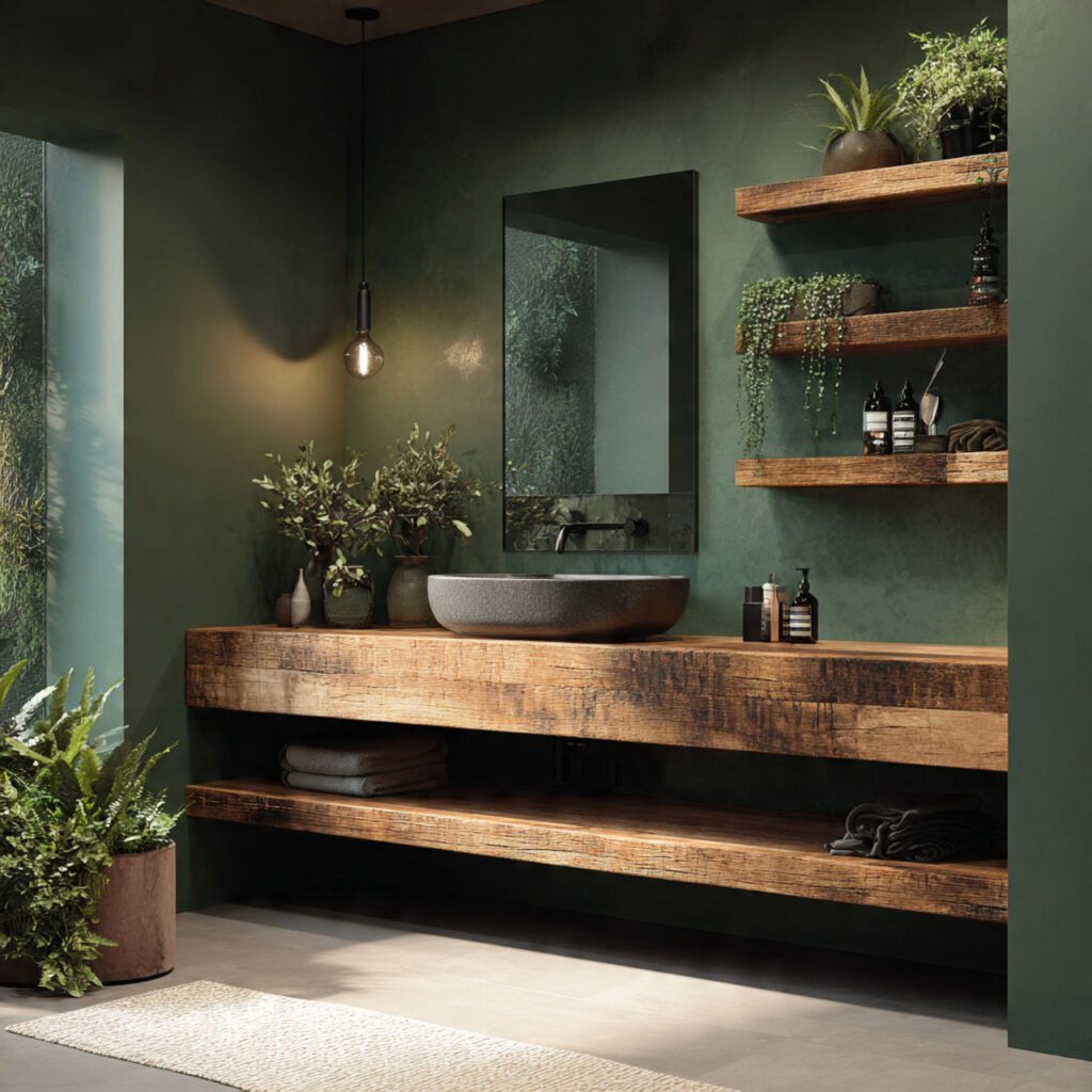 25 Stunning Emerald Green Bathroom Designs for a Luxe Refresh 9 Warm Wood Tones with Emerald