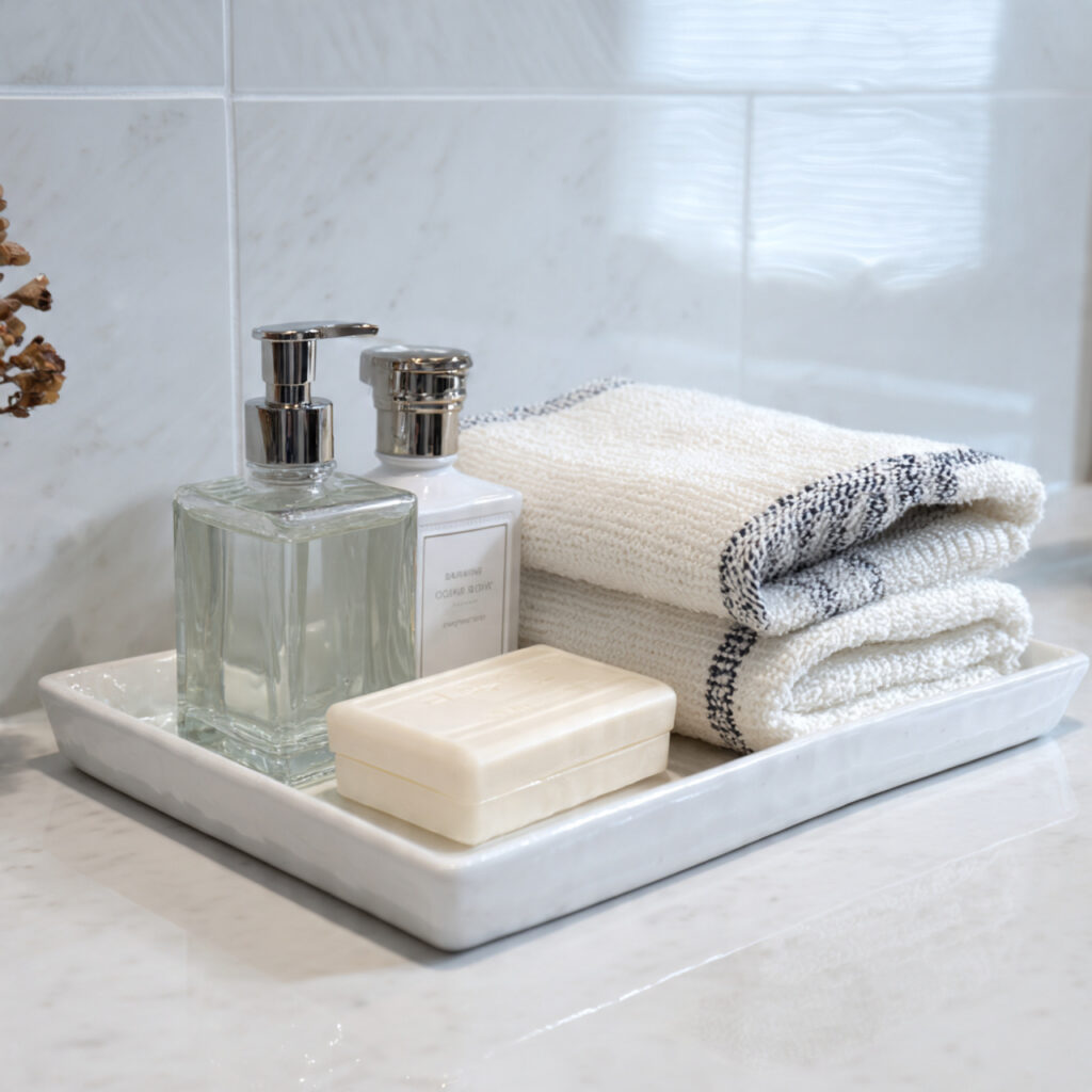 25 Best Bathroom Tray Decor Ideas to Instantly Transform Your Space 13 White Ceramic Tray for a Clean Aesthetic
