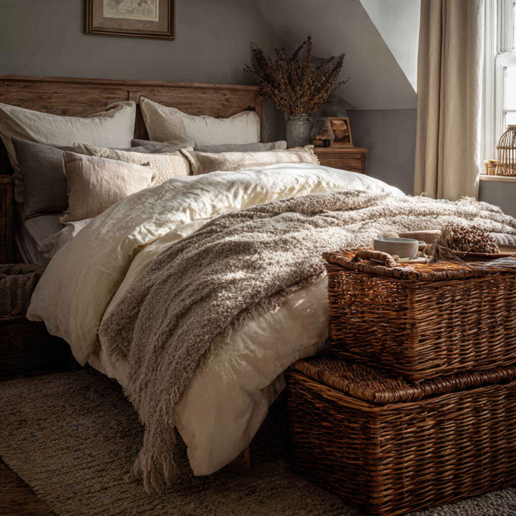 25 Charming English Cottage Bedroom with These Décor Tips 12 Wicker Baskets