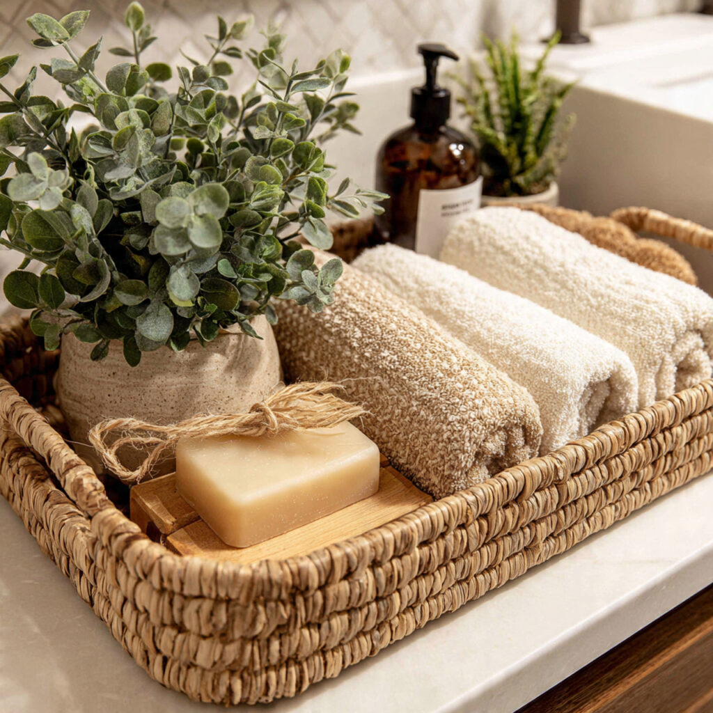 25 Best Bathroom Tray Decor Ideas to Instantly Transform Your Space 10 Wicker or Rattan Tray for Earthy Vibes