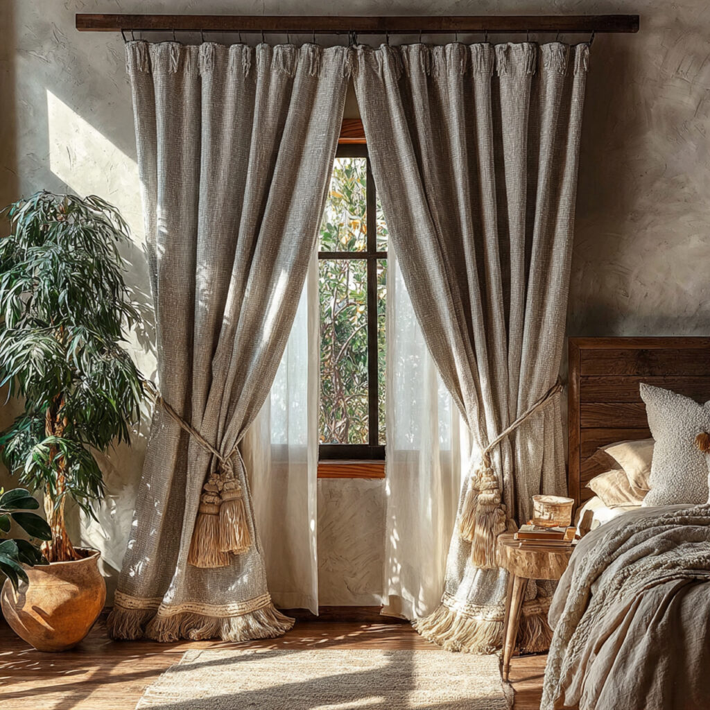 25 Boho Curtains Inspiration: Patterns, Colors & Unique Designs 10 Window Panels with Boho Tassel Tiebacks