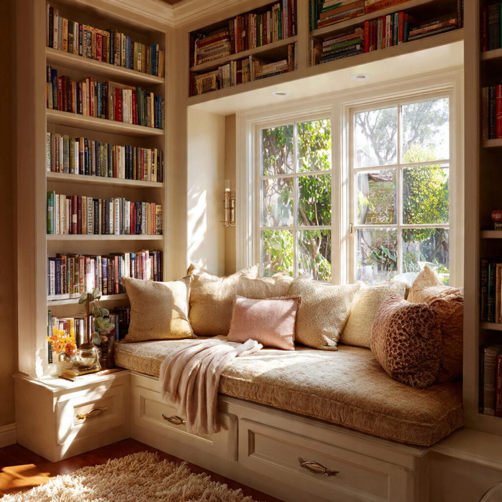 25 Stylish Bedroom Bookshelves Ideas to Transform Your Space Beautifully 9 Window Seat with Bookshelves