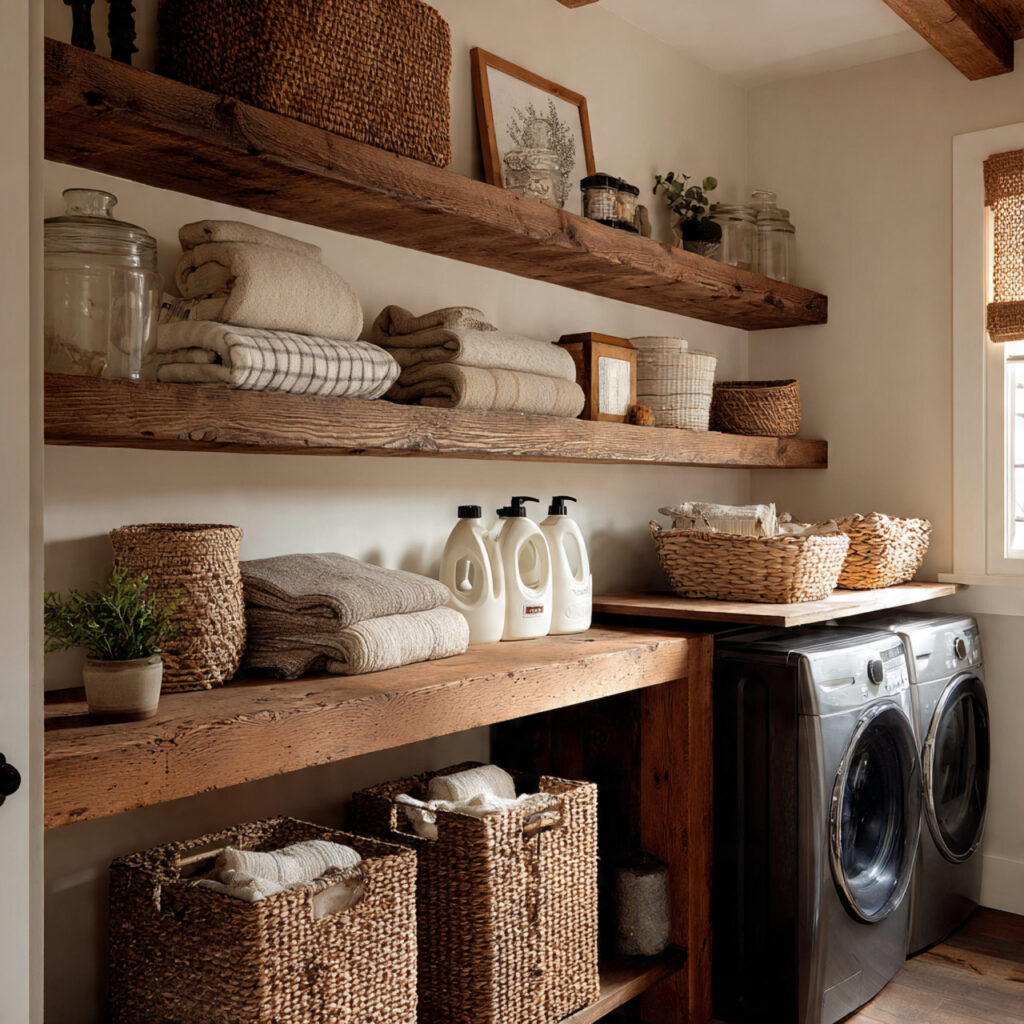 23 Creative Laundry Room Shelves to Maximize Space and Style 6 Wooden Floating Shelves for a Rustic Feel