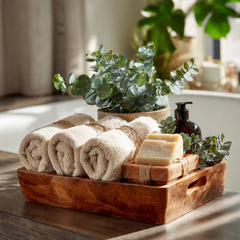 25 Best Bathroom Tray Decor Ideas to Instantly Transform Your Space 3 Wooden Tray for Warmth and Texture