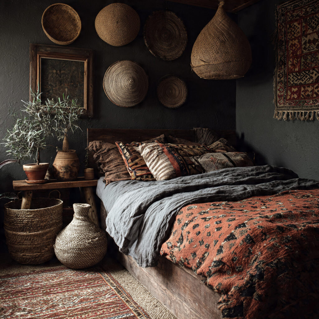 25 Dark Boho Bedroom Ideas for a Cozy, Moody & Stylish Retreat 18 Woven Baskets