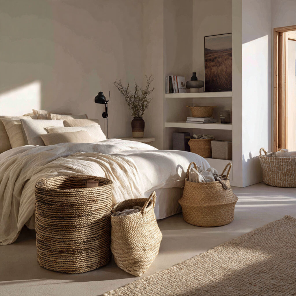 25 Breezy Summer Bedroom Inspiration for a Light and Airy Retreat 16 Woven Baskets for Storage
