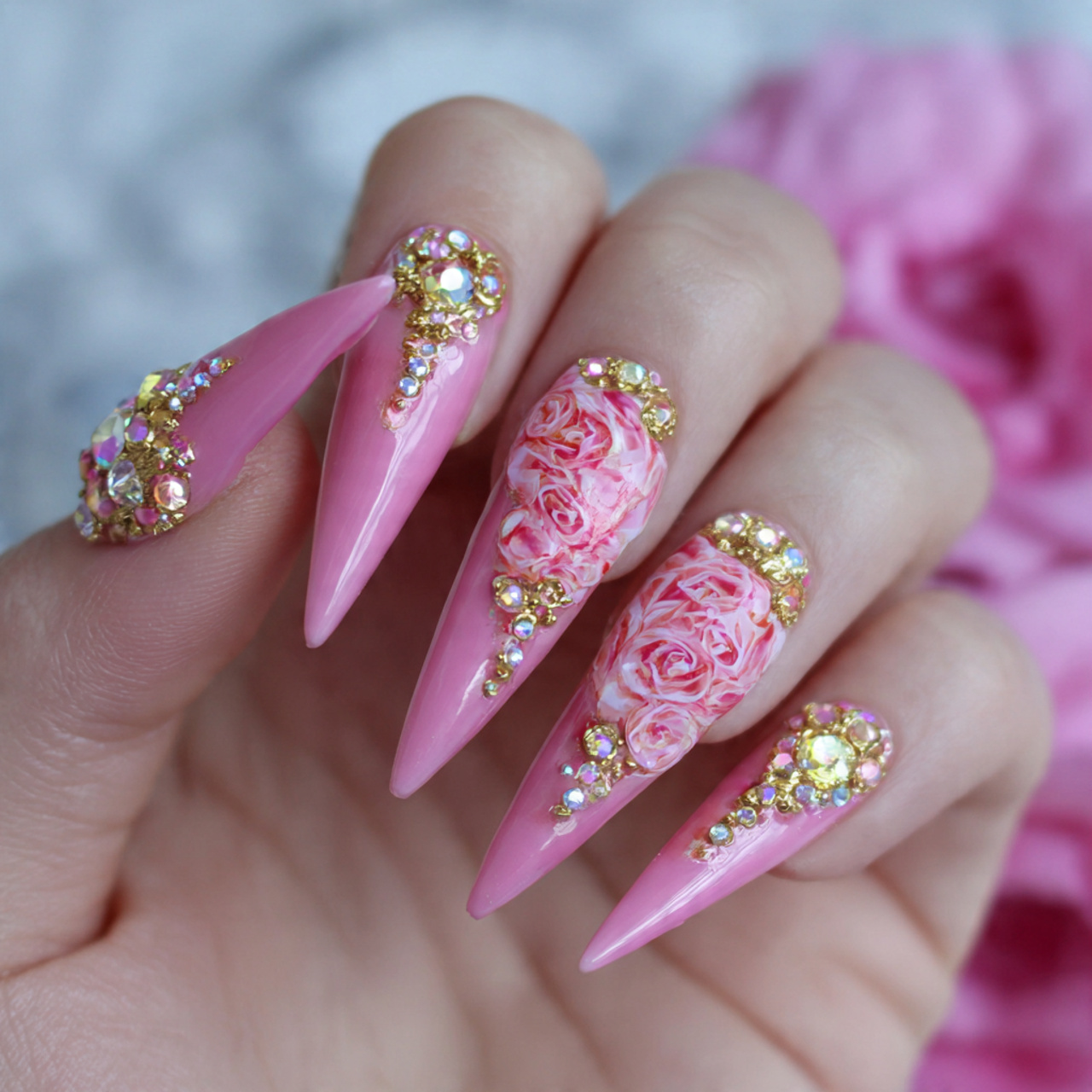 3D Pink Stiletto Nails