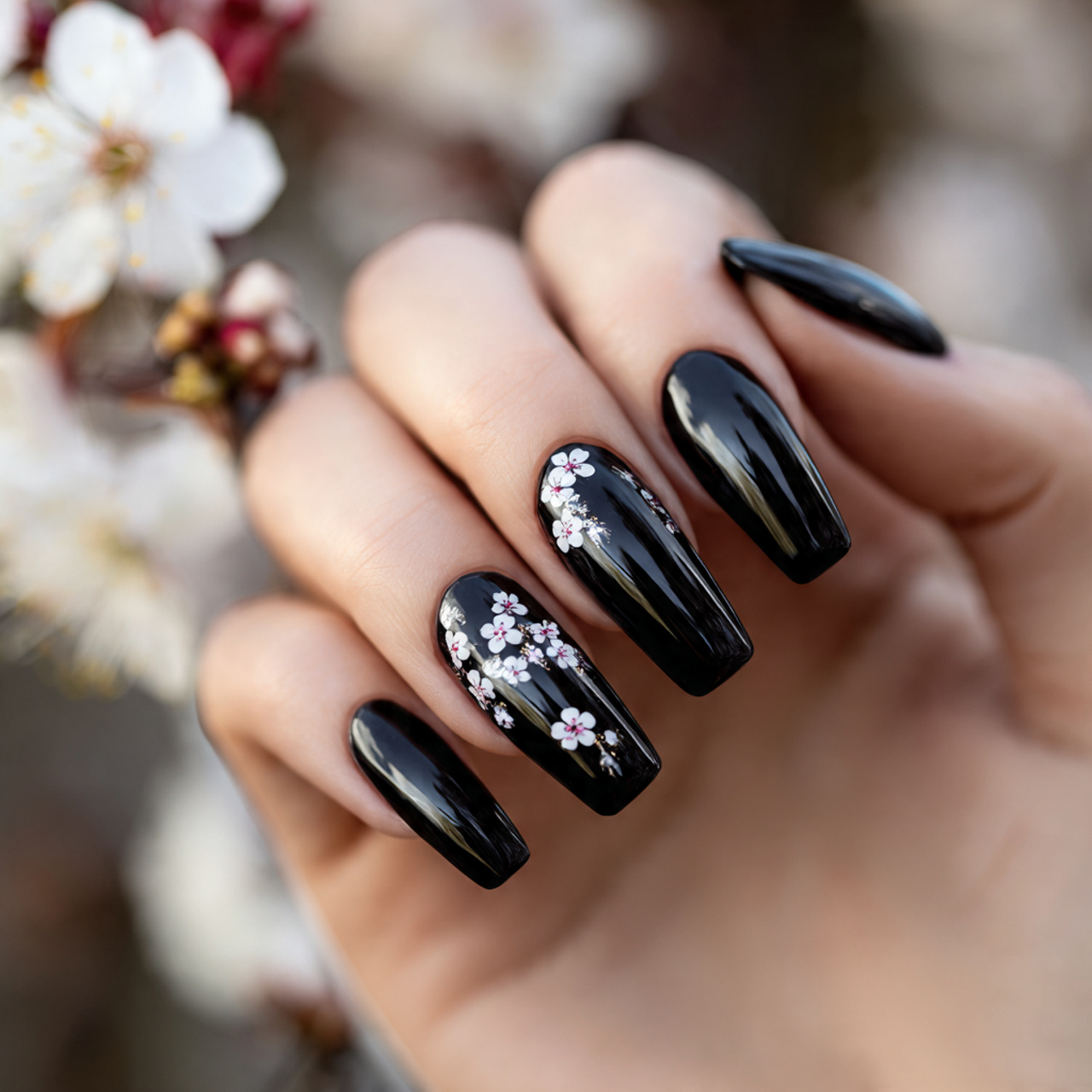 Black Coffin Nails: 18 Stunning Designs You Need to Try in 2026 14 Black Coffin Nails With Floral Art
