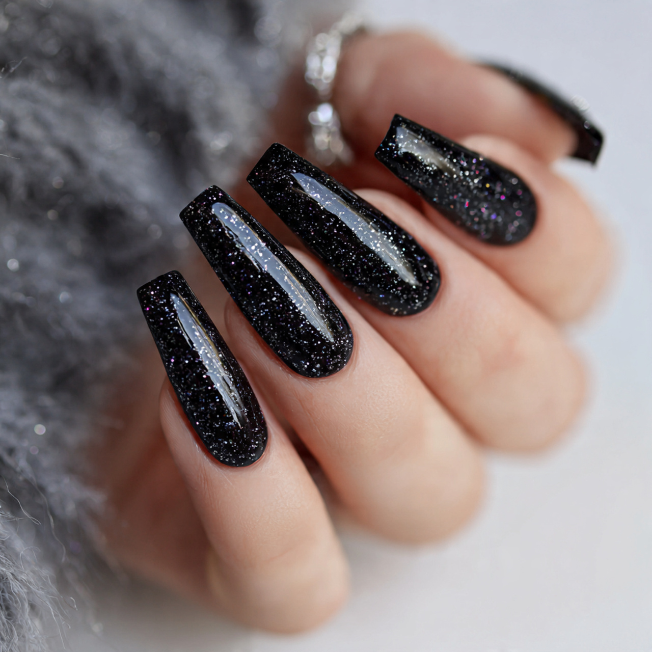 Black Coffin Nails: 18 Stunning Designs You Need to Try in 2026 6 Black Coffin Nails With Glitter