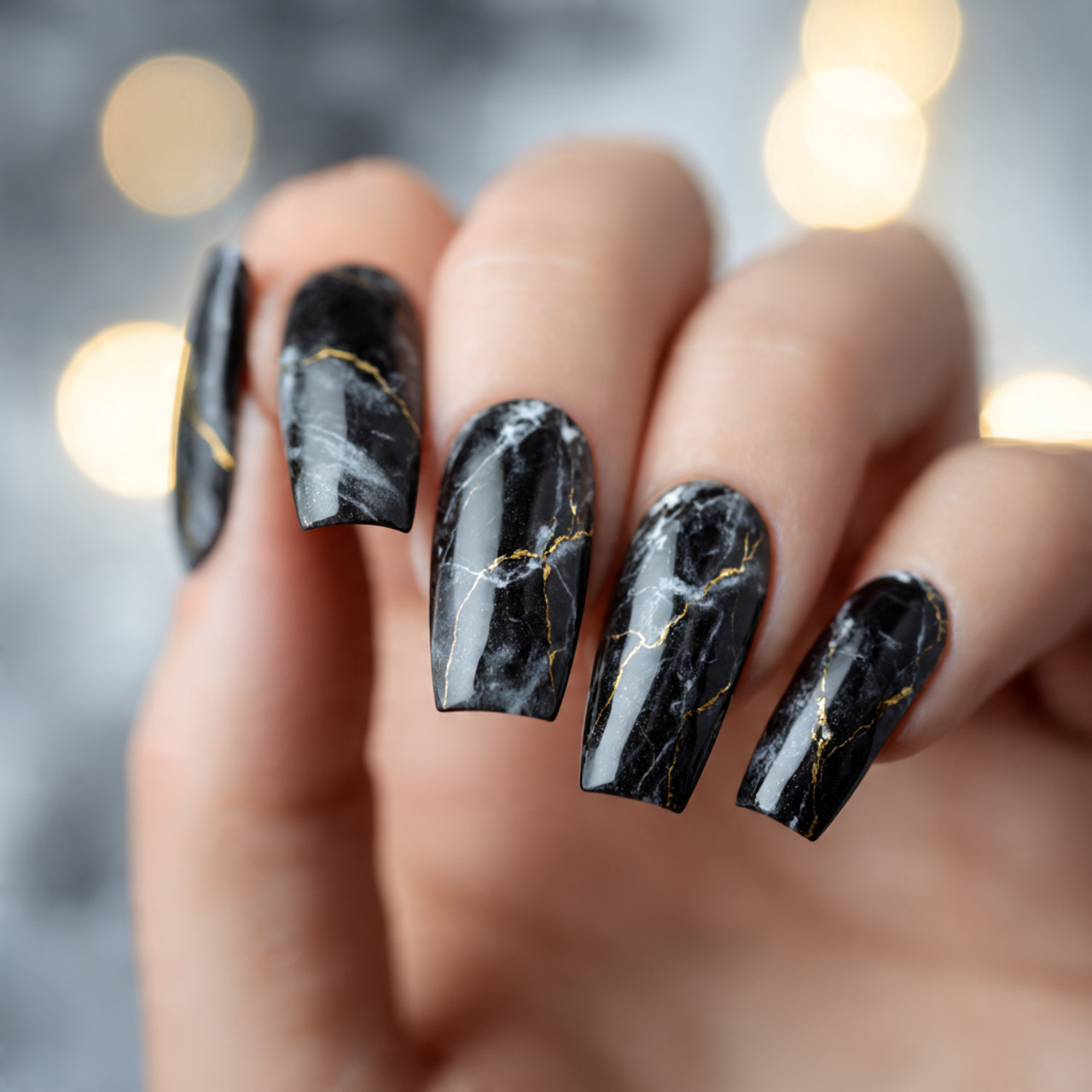 Black Coffin Nails: 18 Stunning Designs You Need to Try in 2026 11 Black Marble Coffin Nails