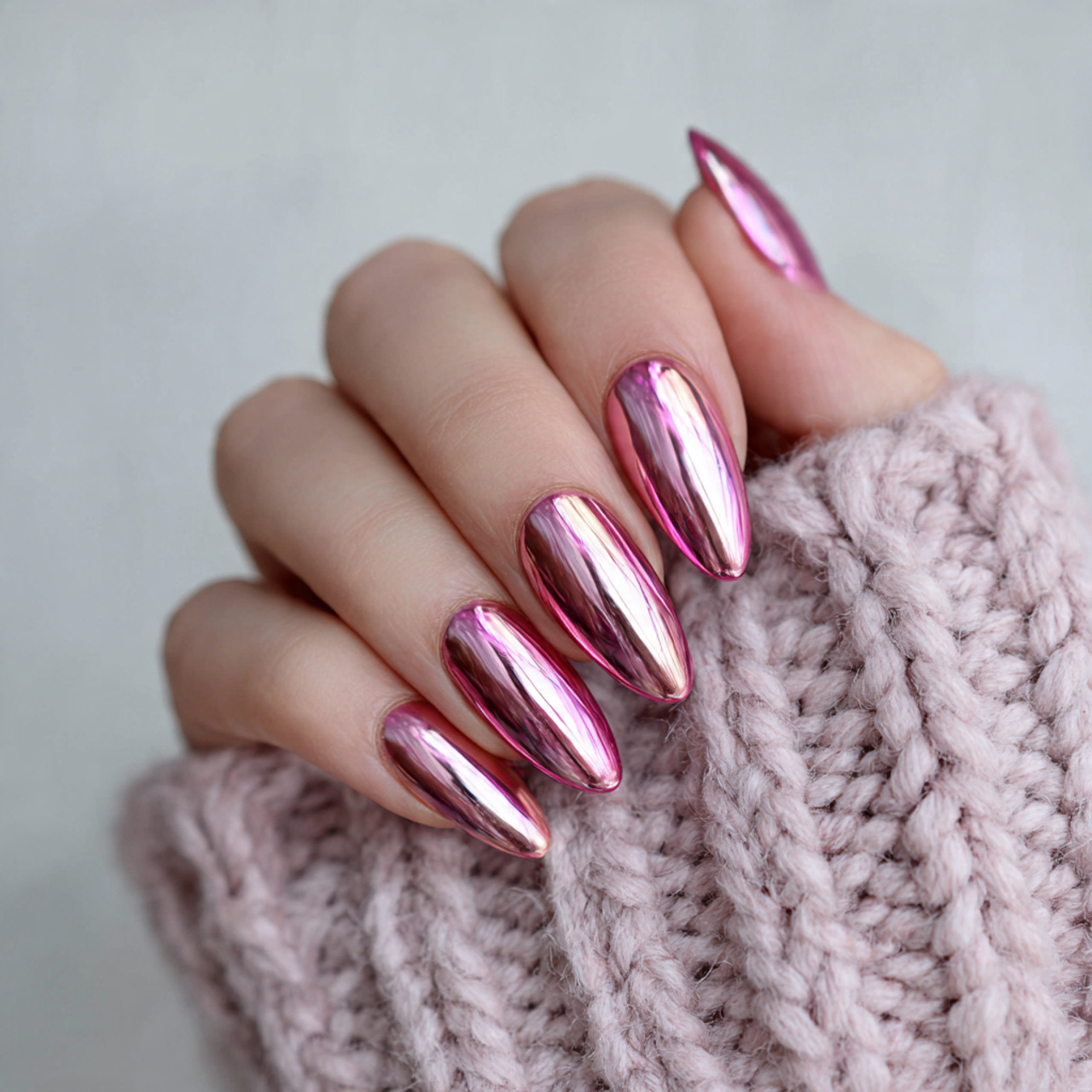 Pink Chrome Almond Nails