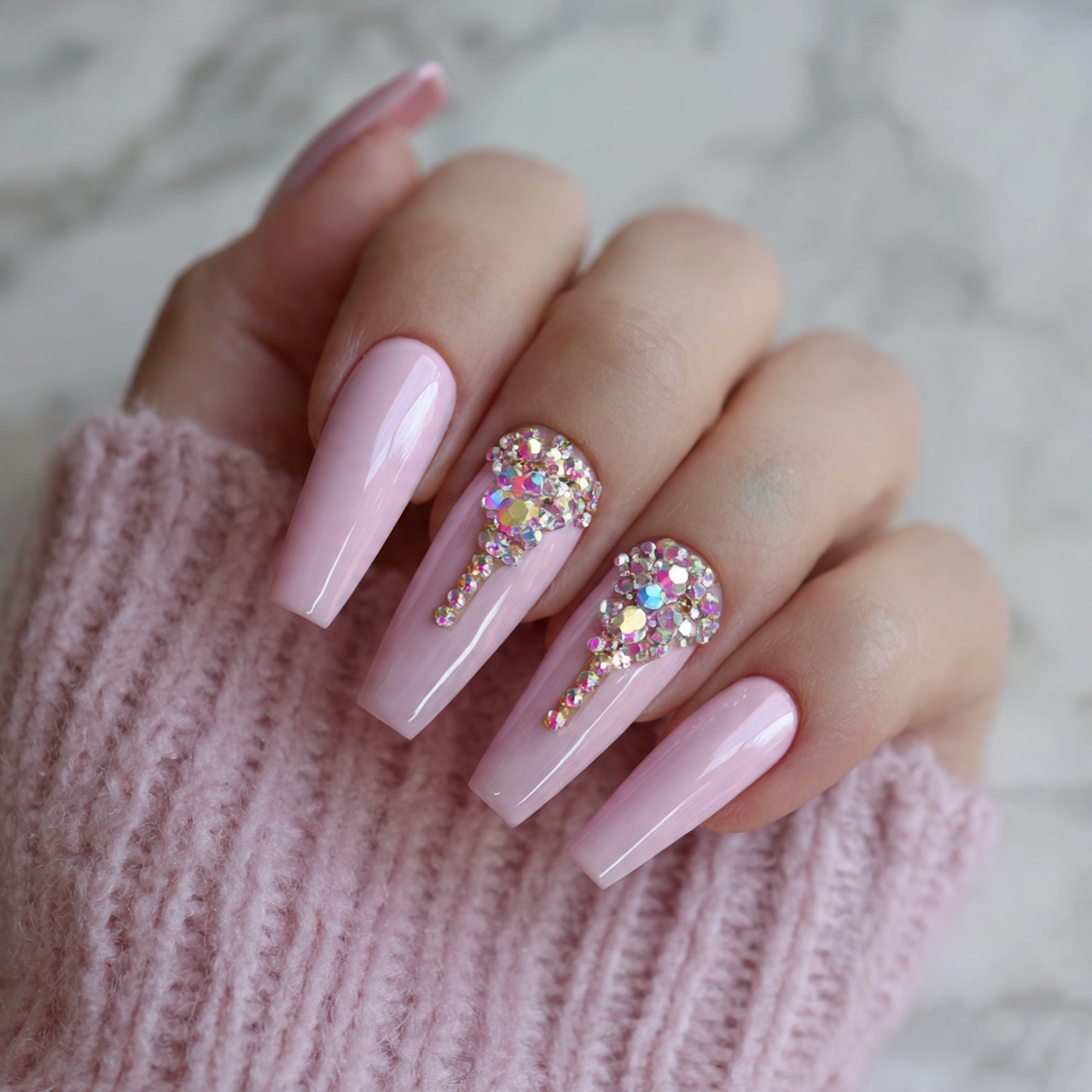 Pink Coffin Nails with Rhinestones