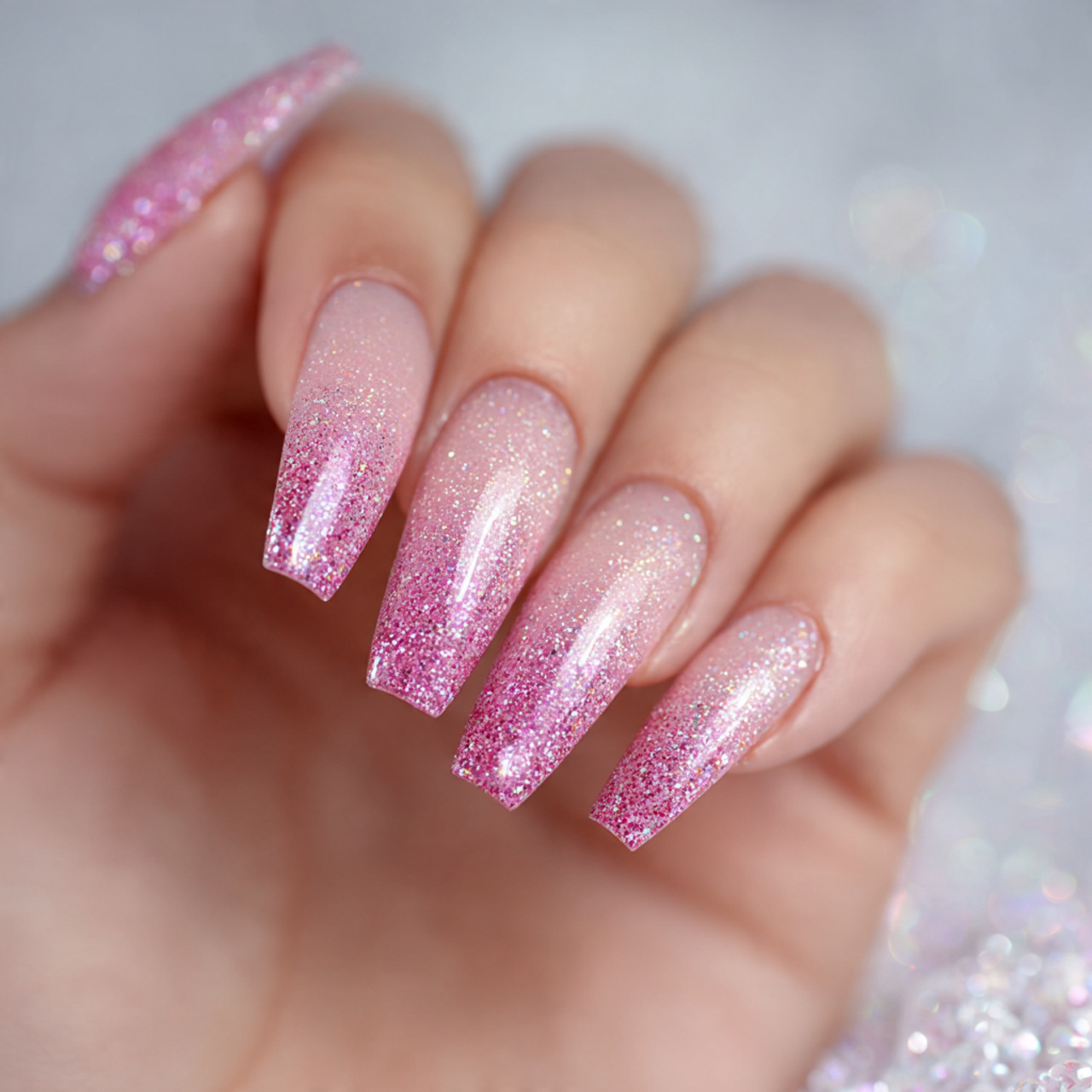 Pink Glitter Ombre Coffin Nails
