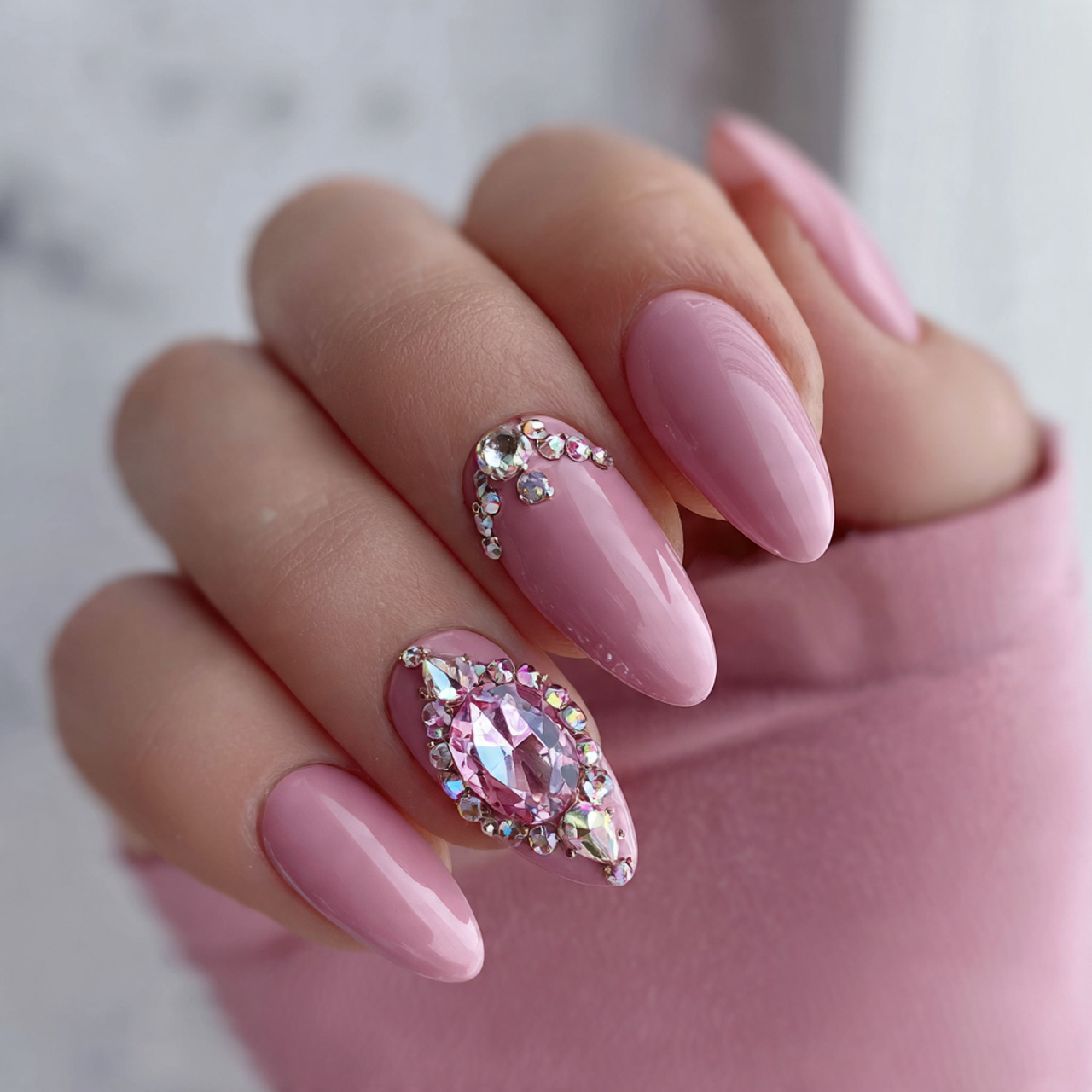 Pink Almond Nails with Rhinestones