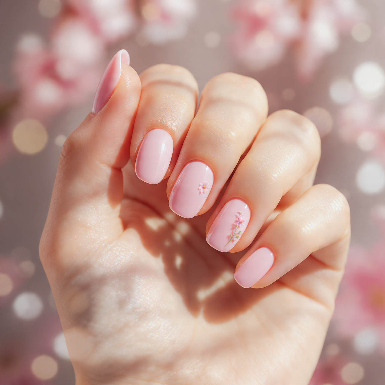 Baby Pink Nails with Floral Designs