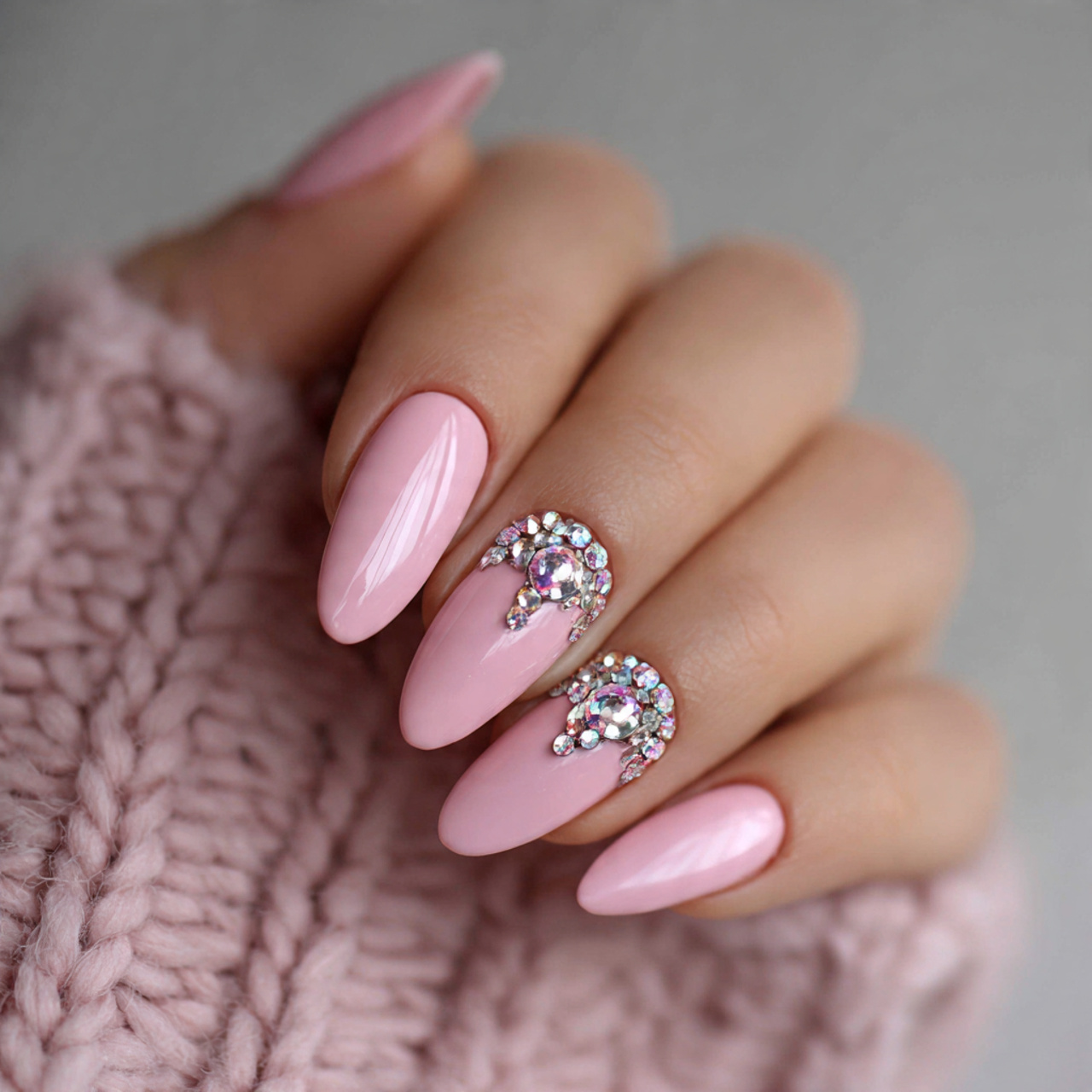 Baby Pink Nails with Rhinestones