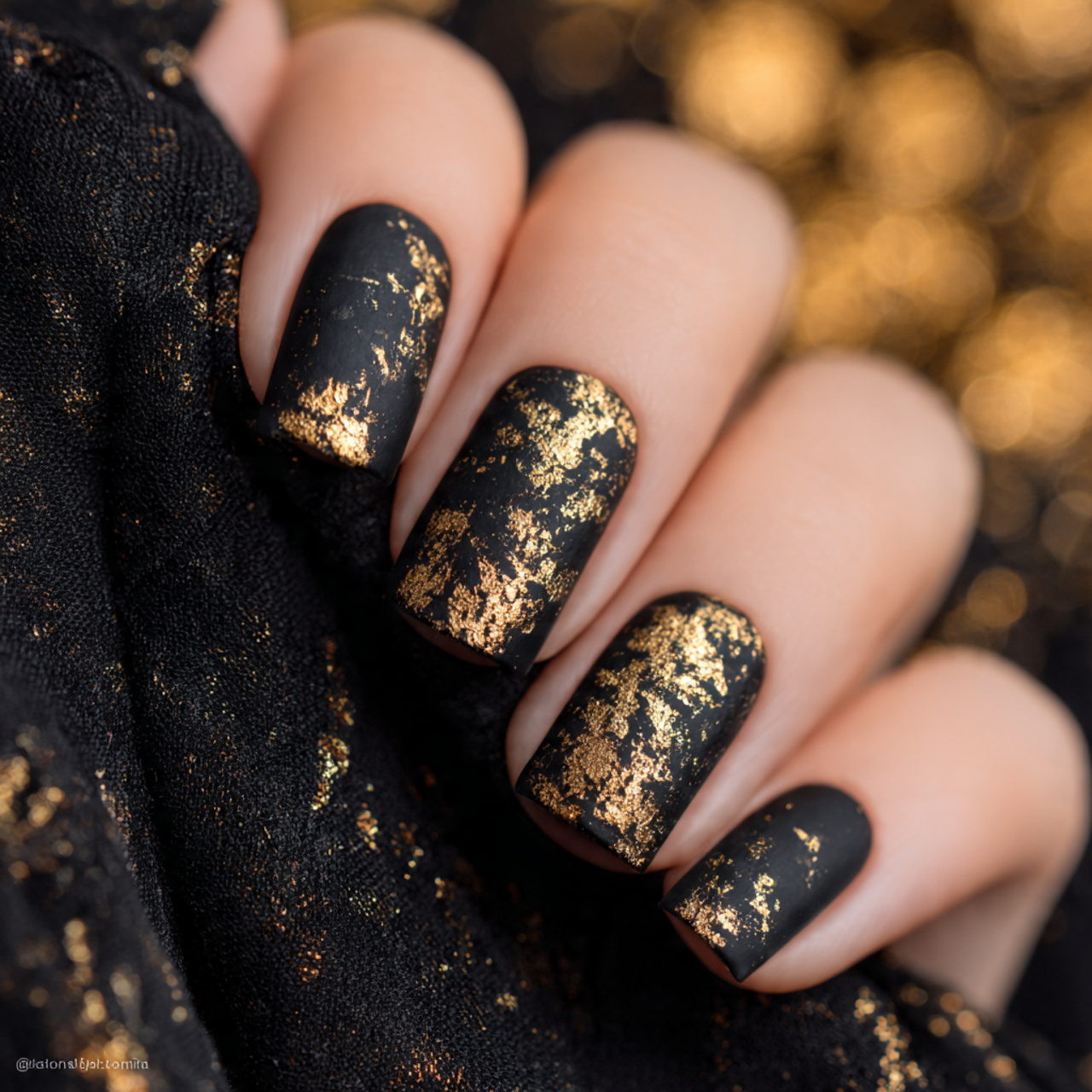 Black and Gold Christmas Square Nails