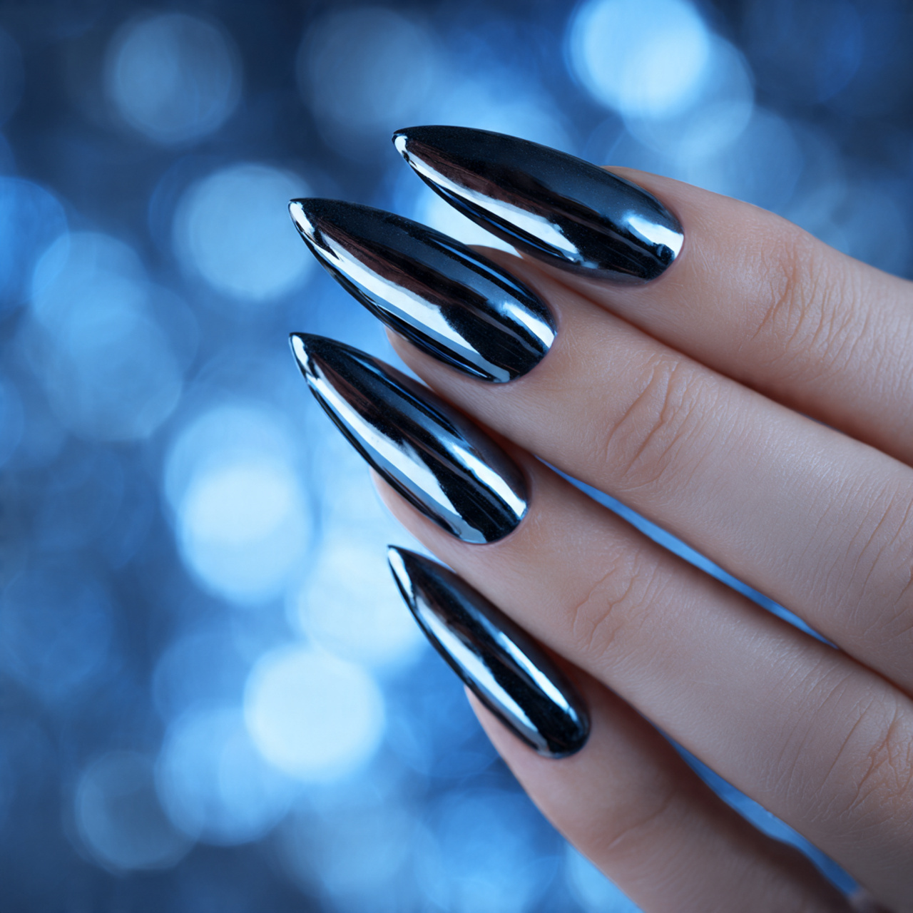 Black Stiletto Nails with Chrome