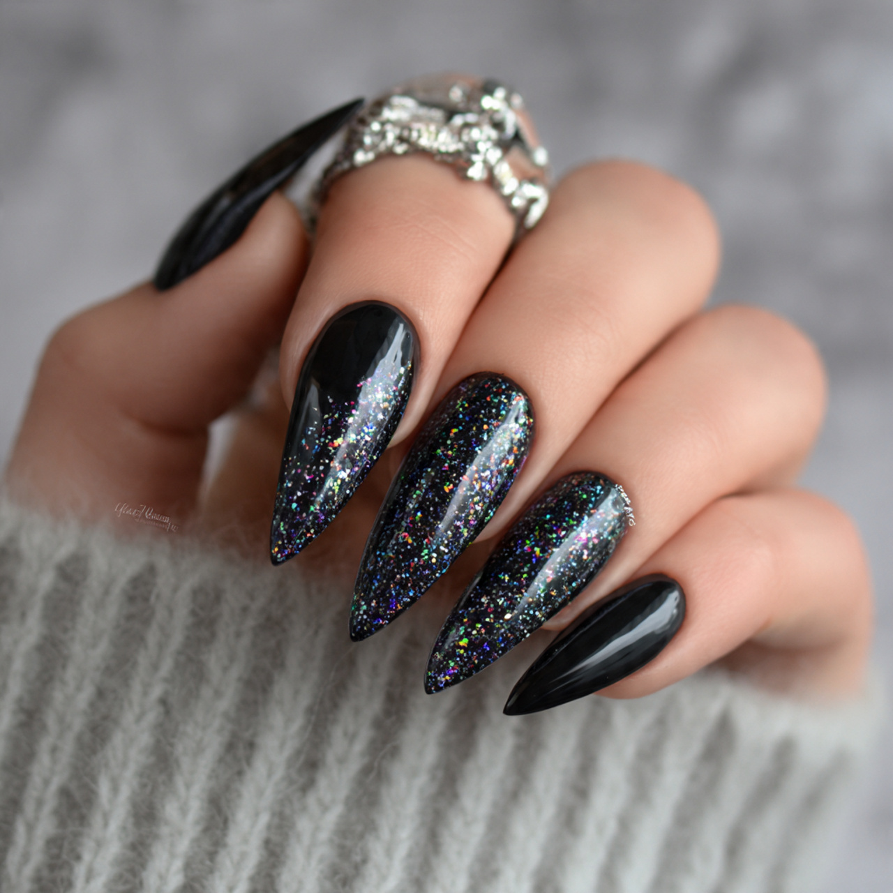 Black Stiletto Nails with Glitter