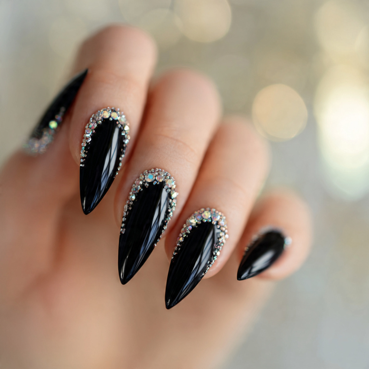 Black Stiletto Nails with Rhinestones