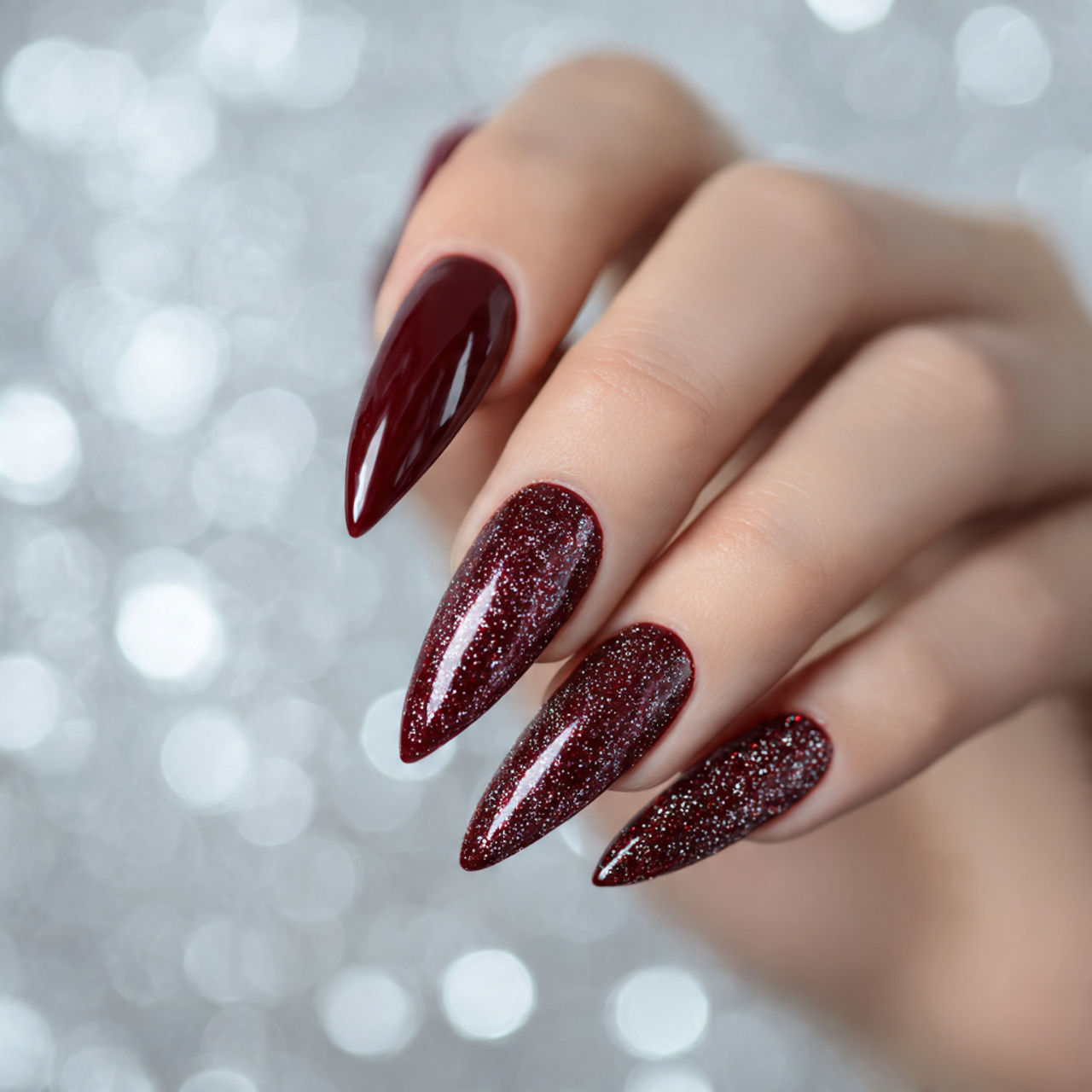 Burgundy Stiletto Nails with Glitter