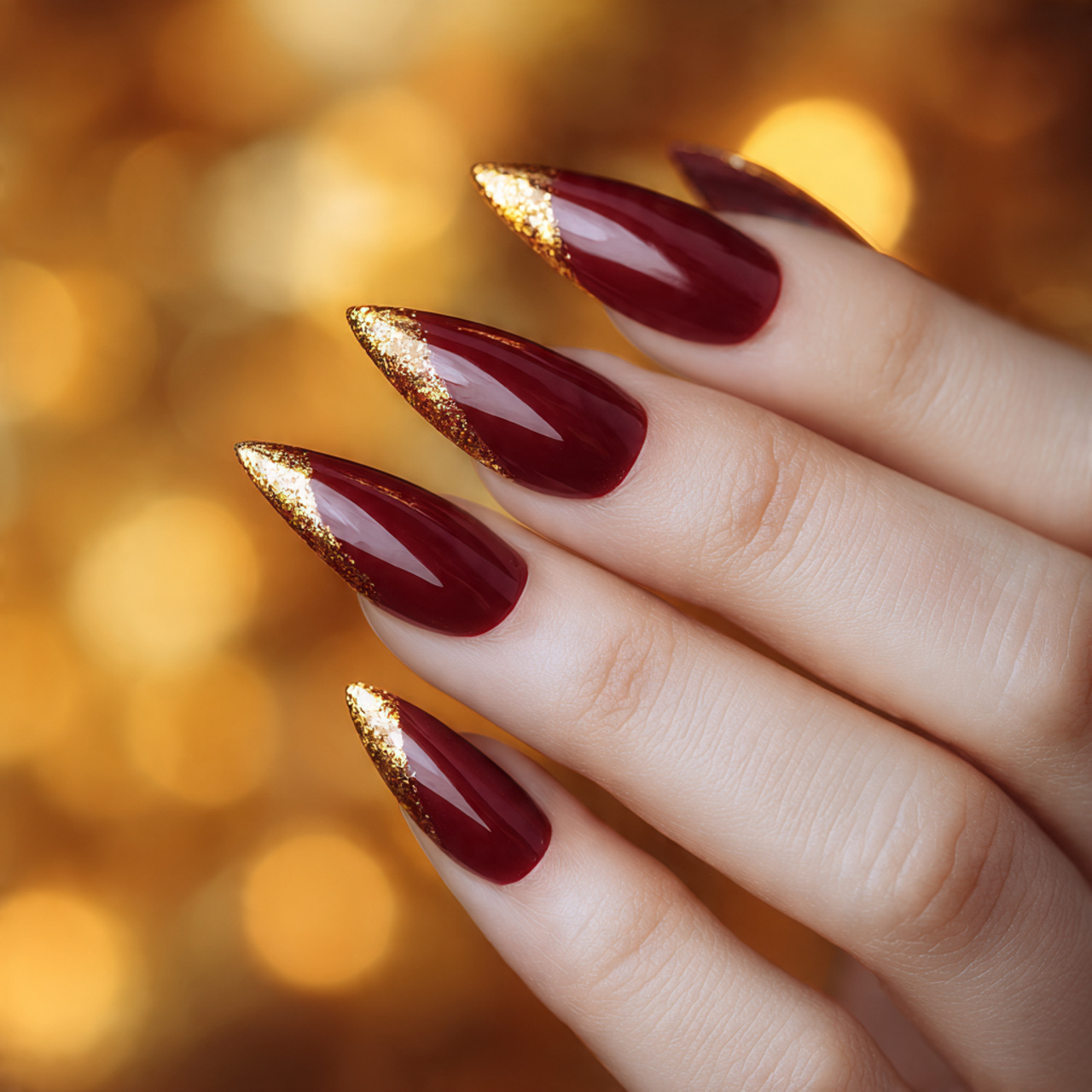 Burgundy Stiletto Nails with Gold Accents