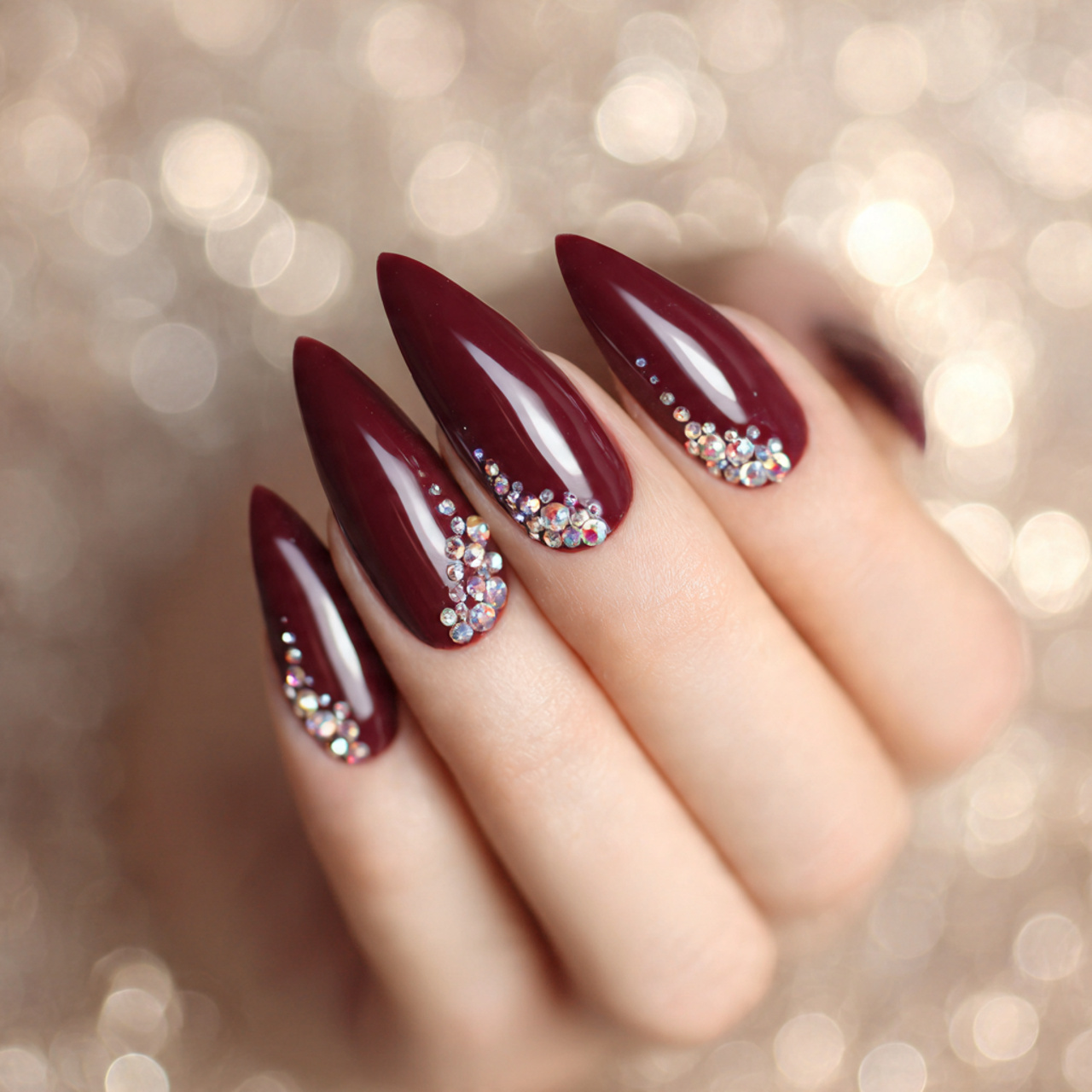 Burgundy Stiletto Nails with Rhinestones