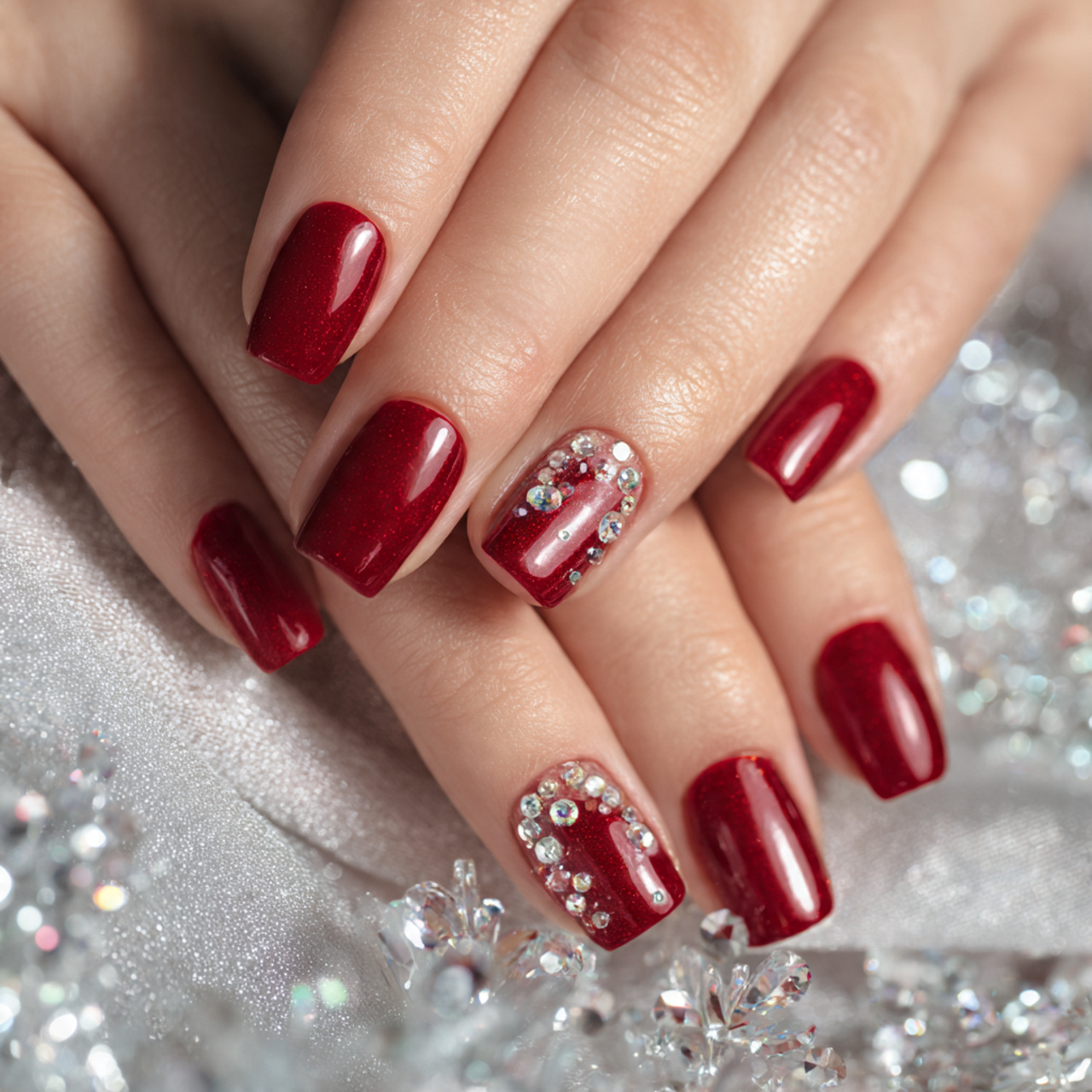 Christmas Square Nails with Rhinestones