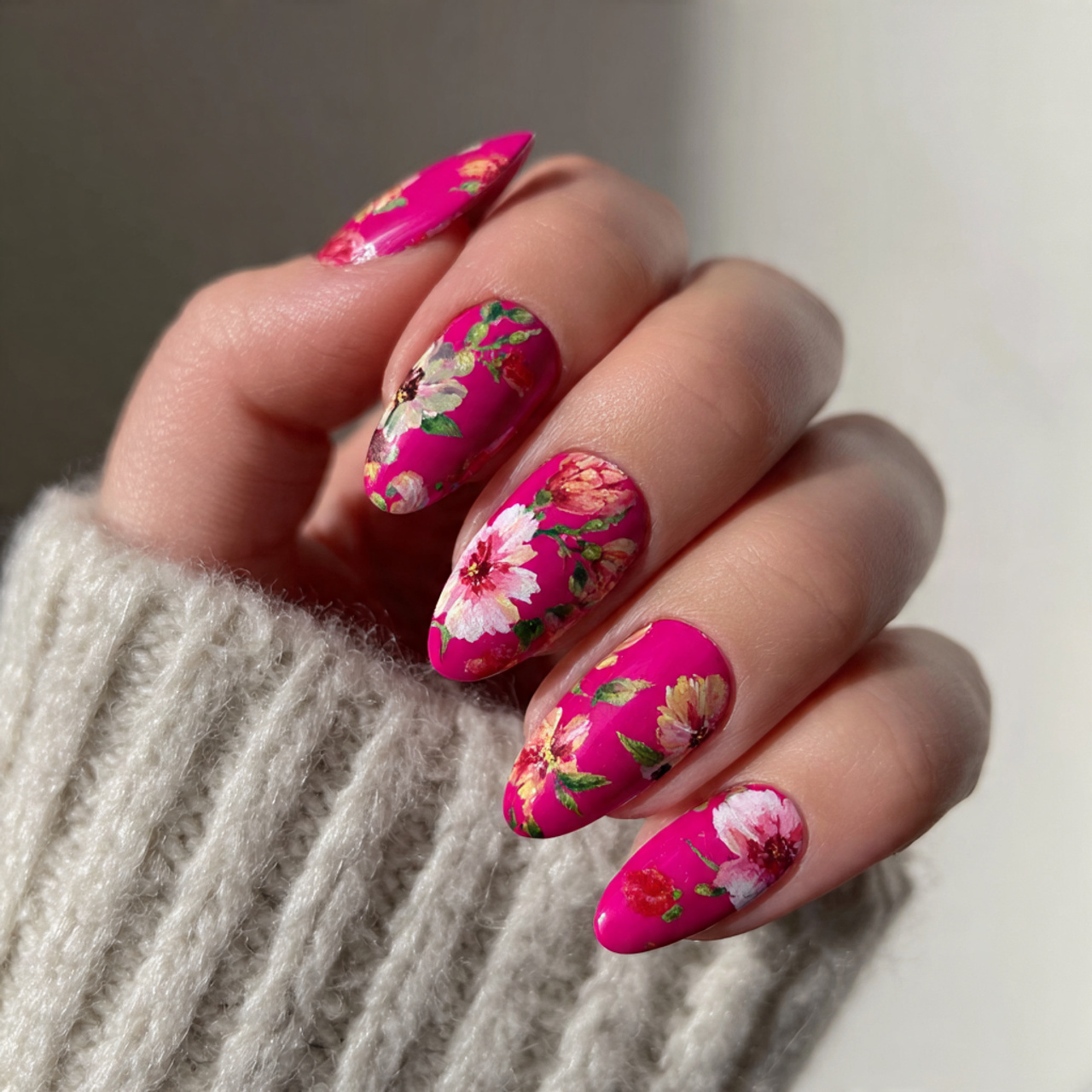 Hot Pink Nails with Floral Designs