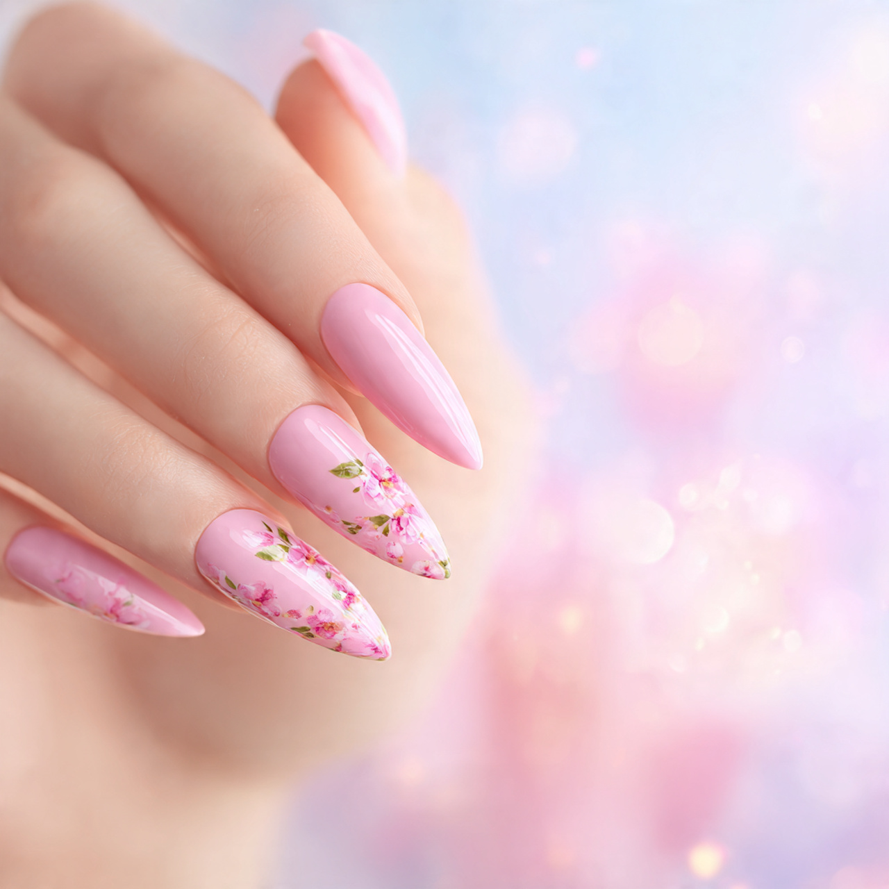 Floral Pink Stiletto Nails