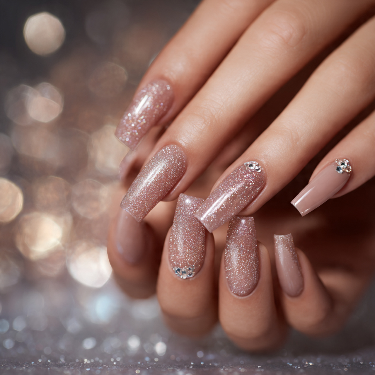 Nude Glitter Nails: 17 Stunning Styles to Sparkle in Style 11 Nude Glitter Nails with Rhinestones
