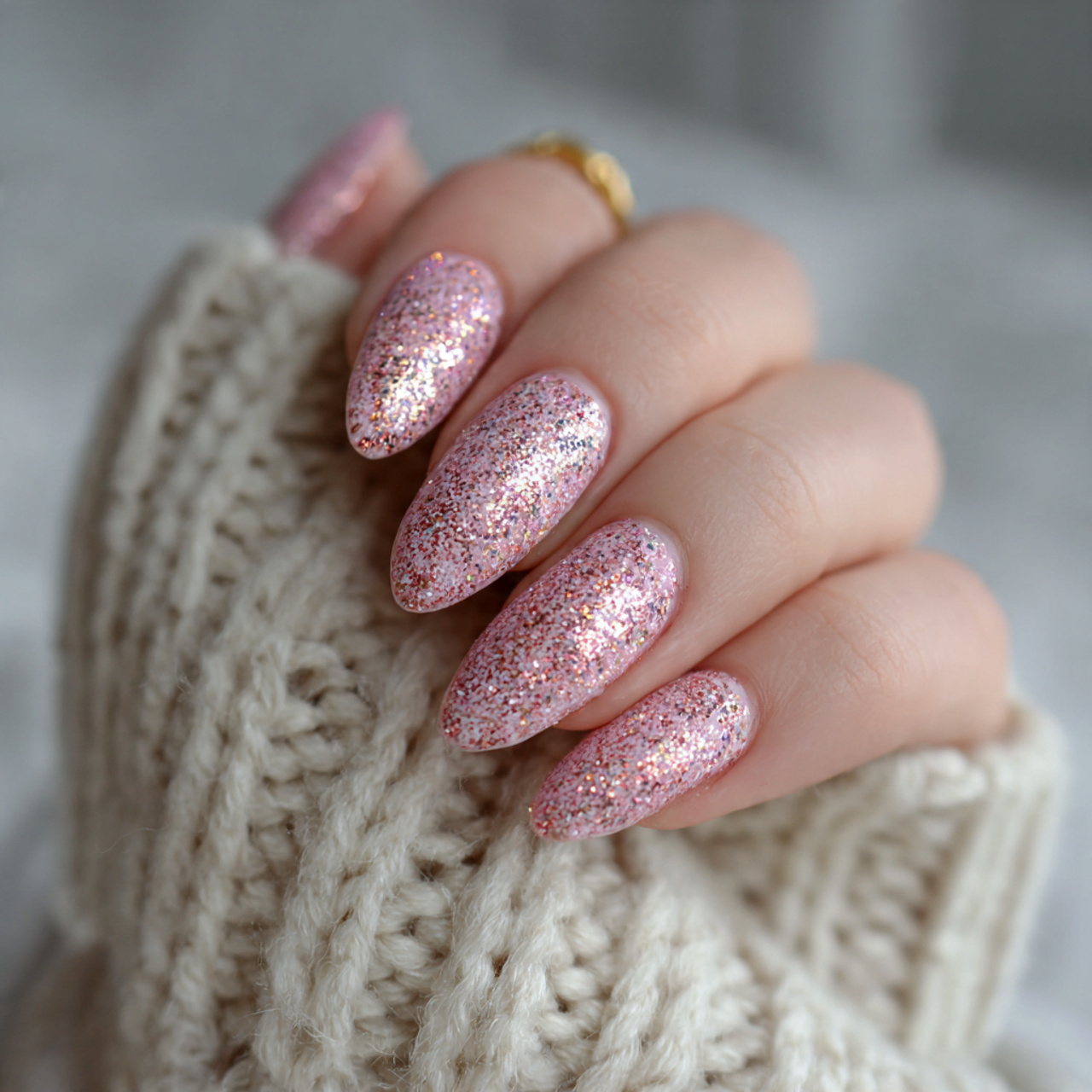 Glitter Pink Almond Nails