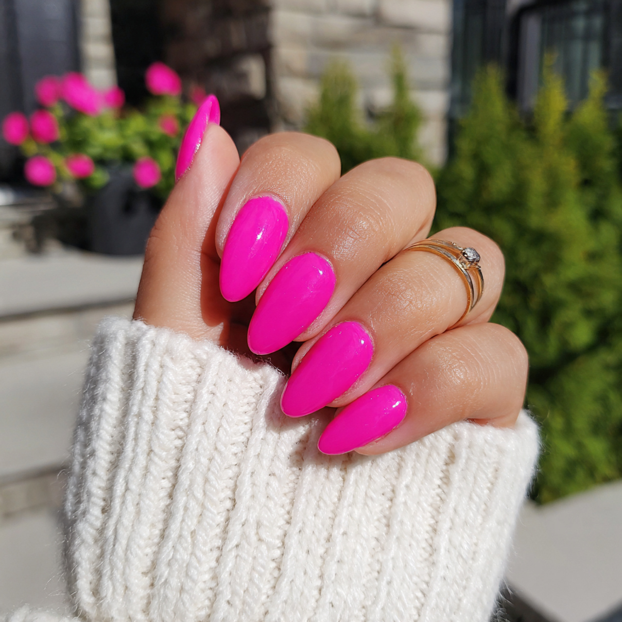 Hot Pink Almond Nails