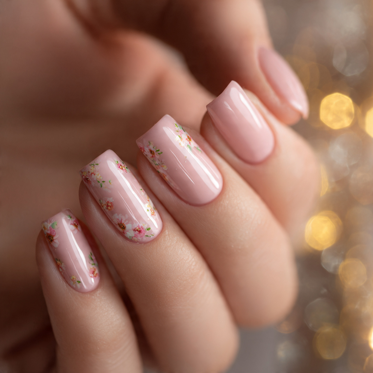 Light Pink Nails with Floral Designs