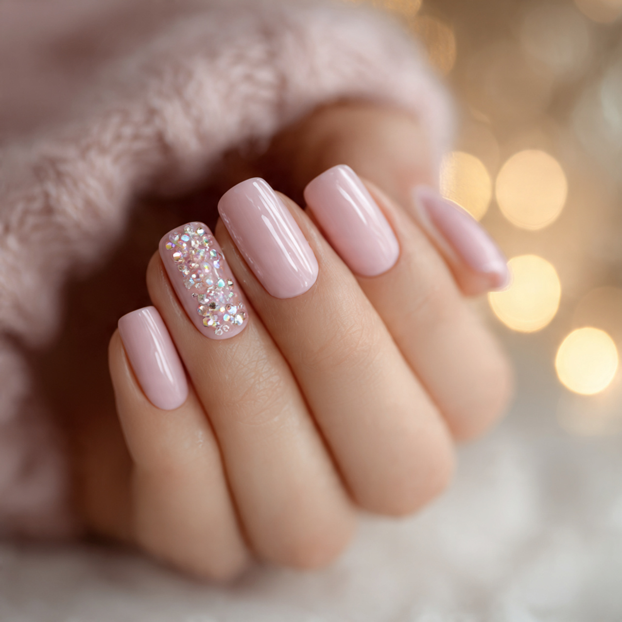 Light Pink Nails with Rhinestones