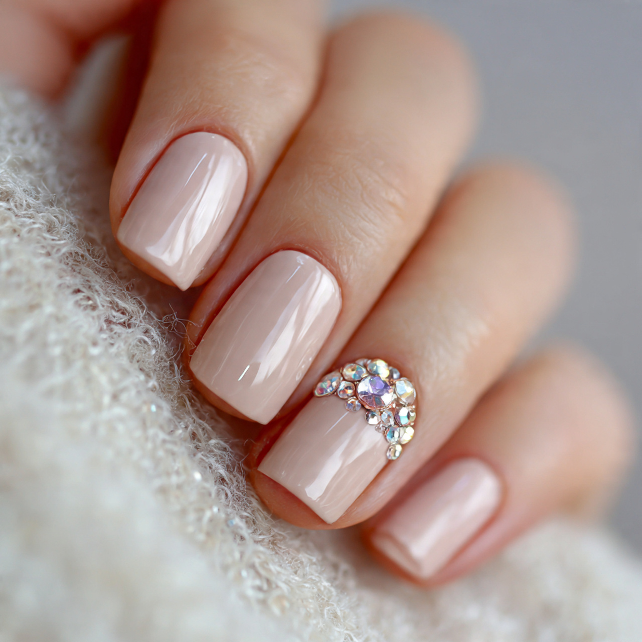 Nude Short Nails with Rhinestones