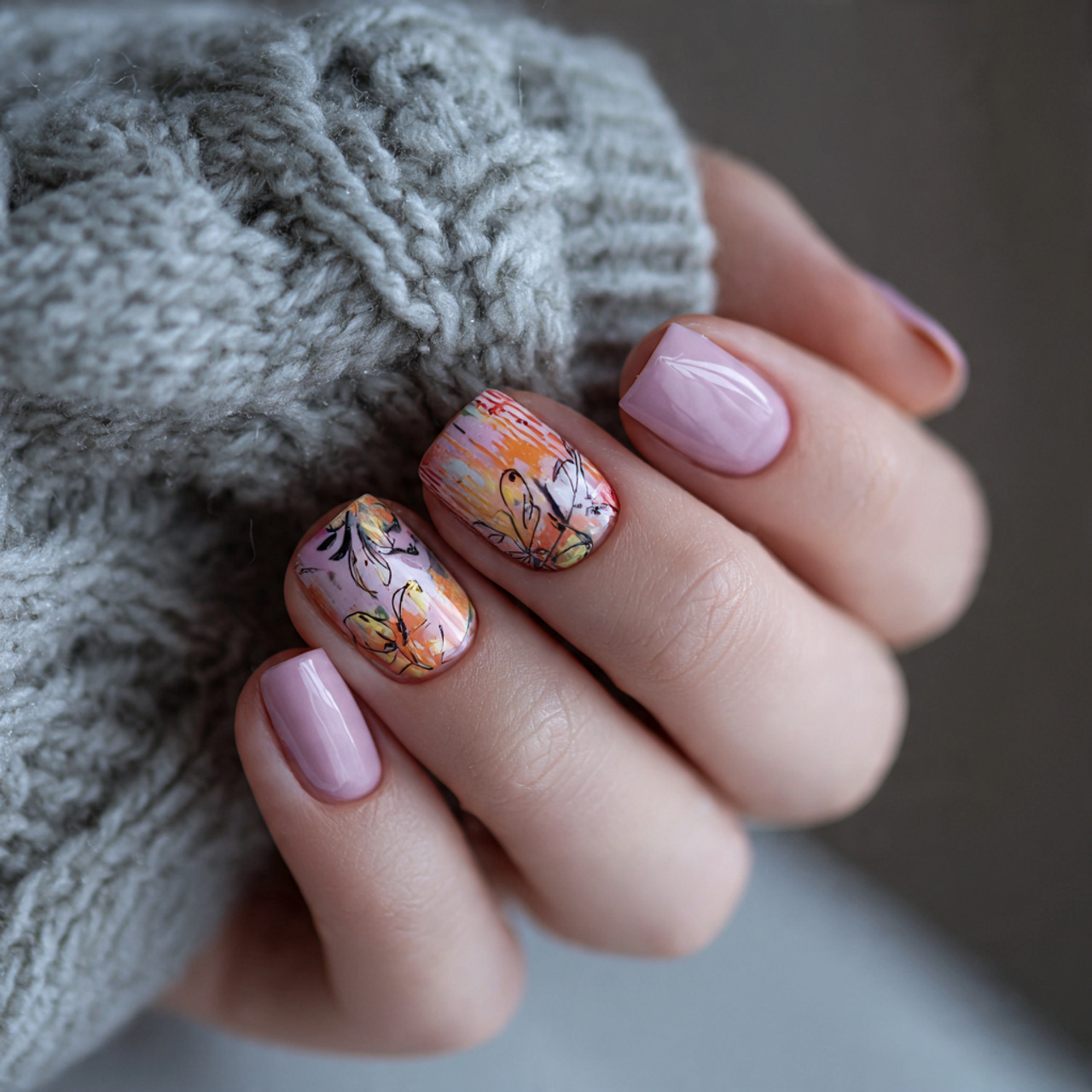 Nude Short Nails with Designs