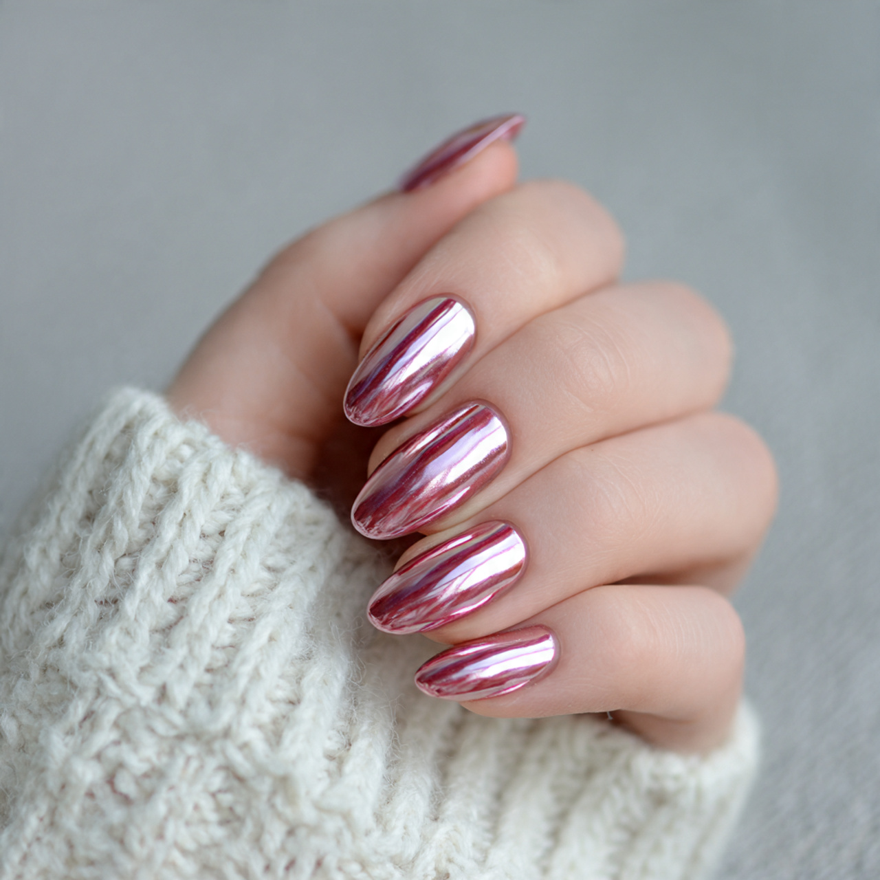 Pink Chrome Oval Nails
