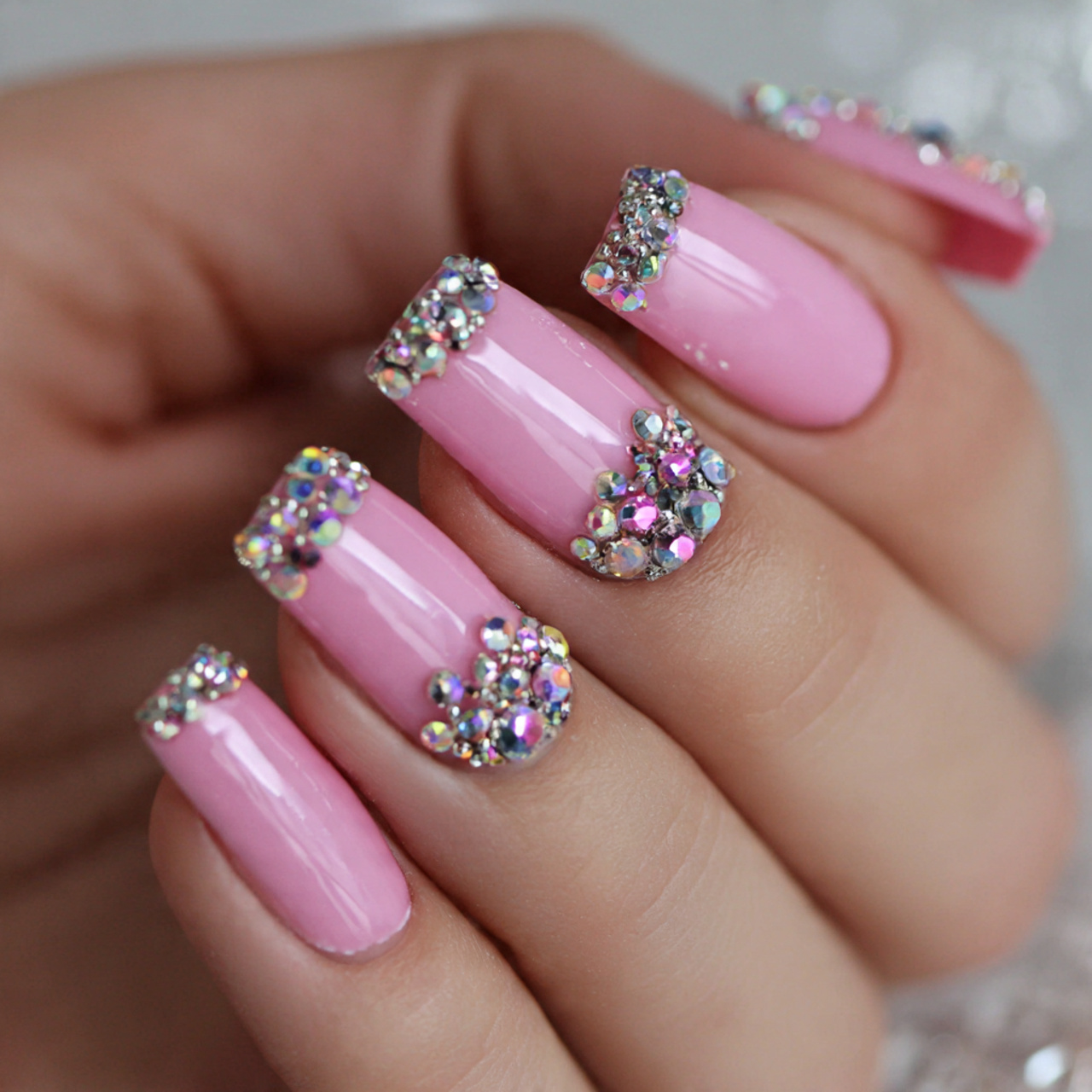 Pink Square Nails: 15 Stunning Ideas You Need to Try Now 13 Pink Square Nails with Rhinestones