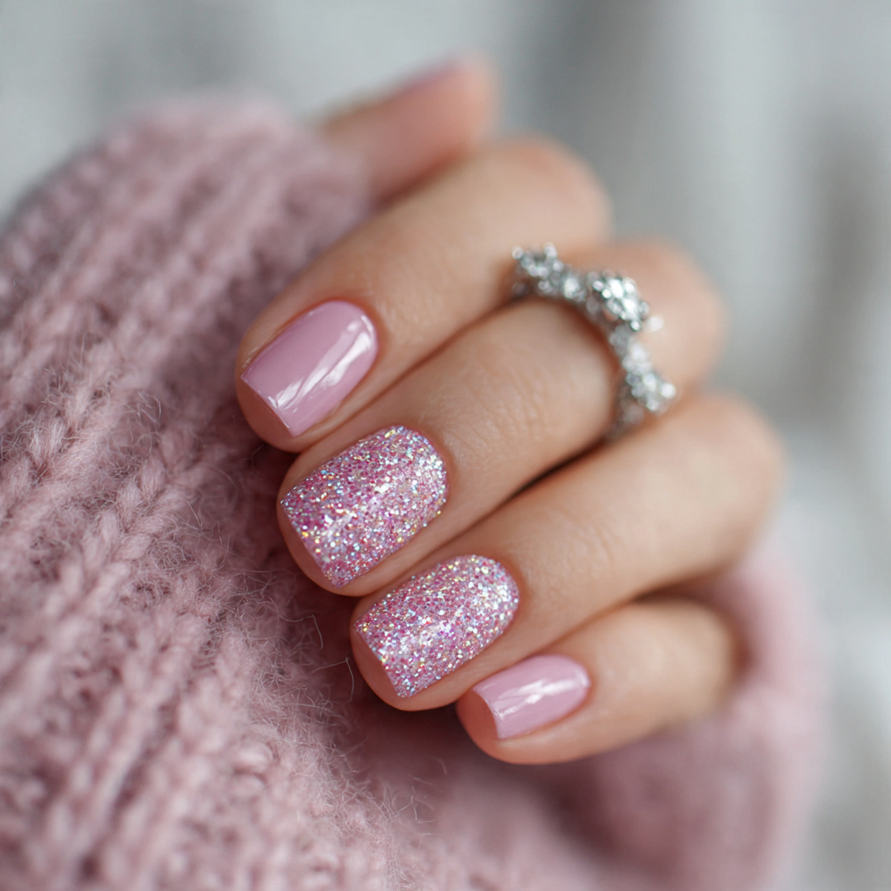 Pink Short Nails with Glitter