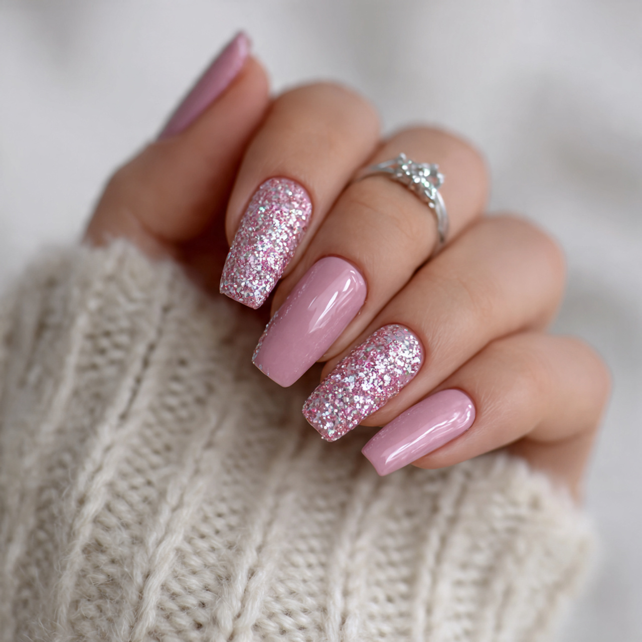 Pink Square Nails with Glitter