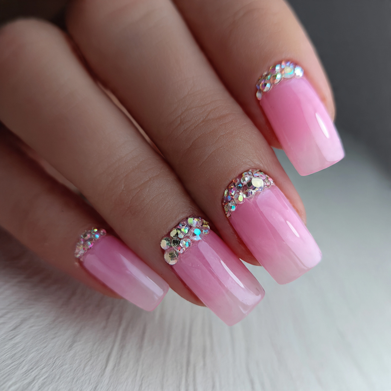 Pink Square Nails with Rhinestones