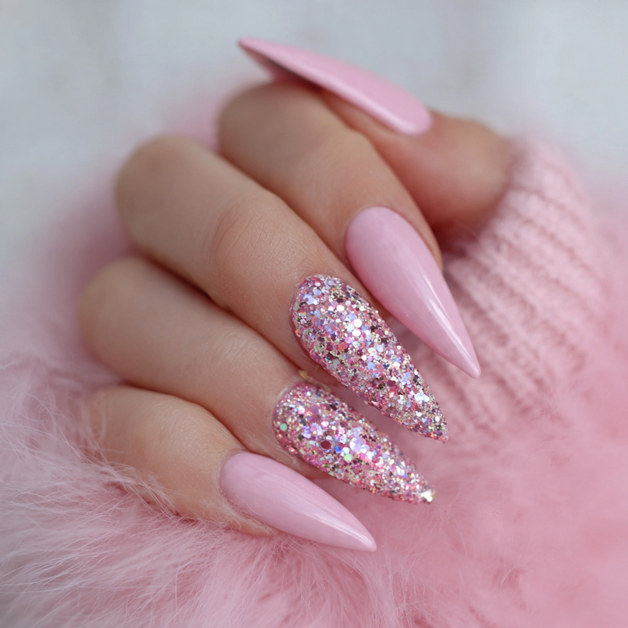 Pink Stiletto Nails: 15 Bold & Chic Designs You’ll Love 4 Pink Stiletto Nails with Glitter