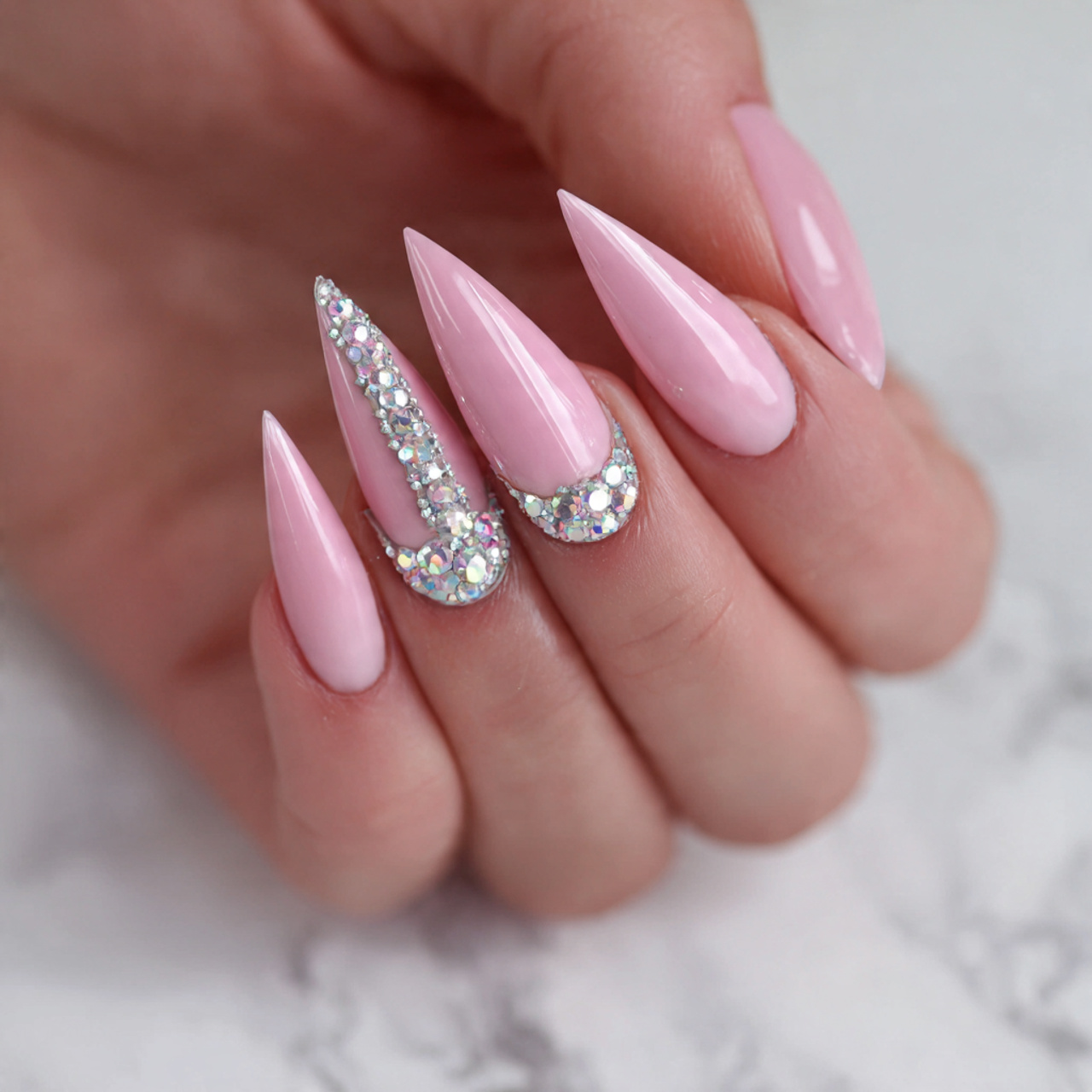 Pink Stiletto Nails: 15 Bold & Chic Designs You’ll Love 13 Pink Stiletto Nails with Rhinestones